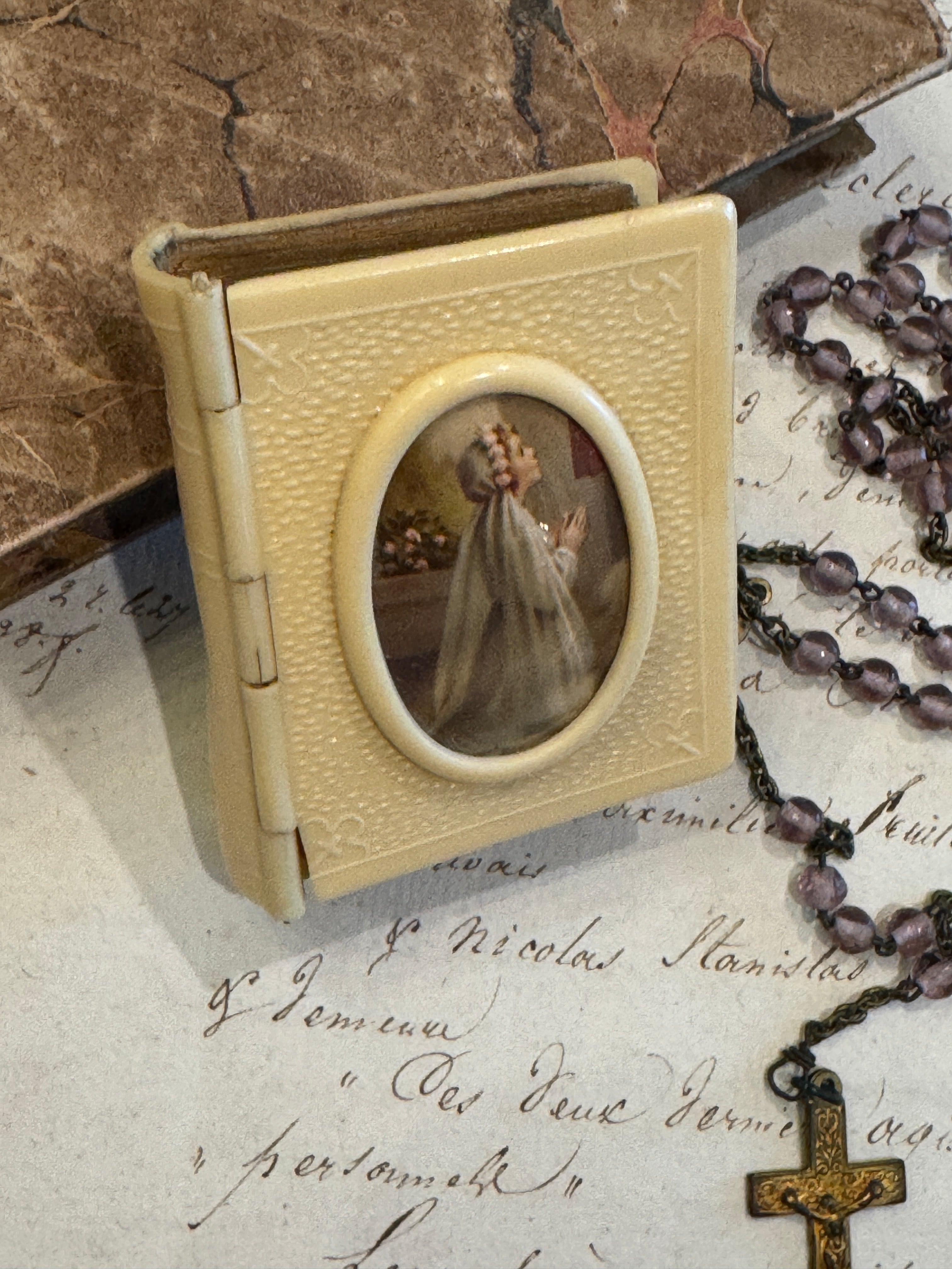 Antique Catholic Rosary in a Vintage Book Box