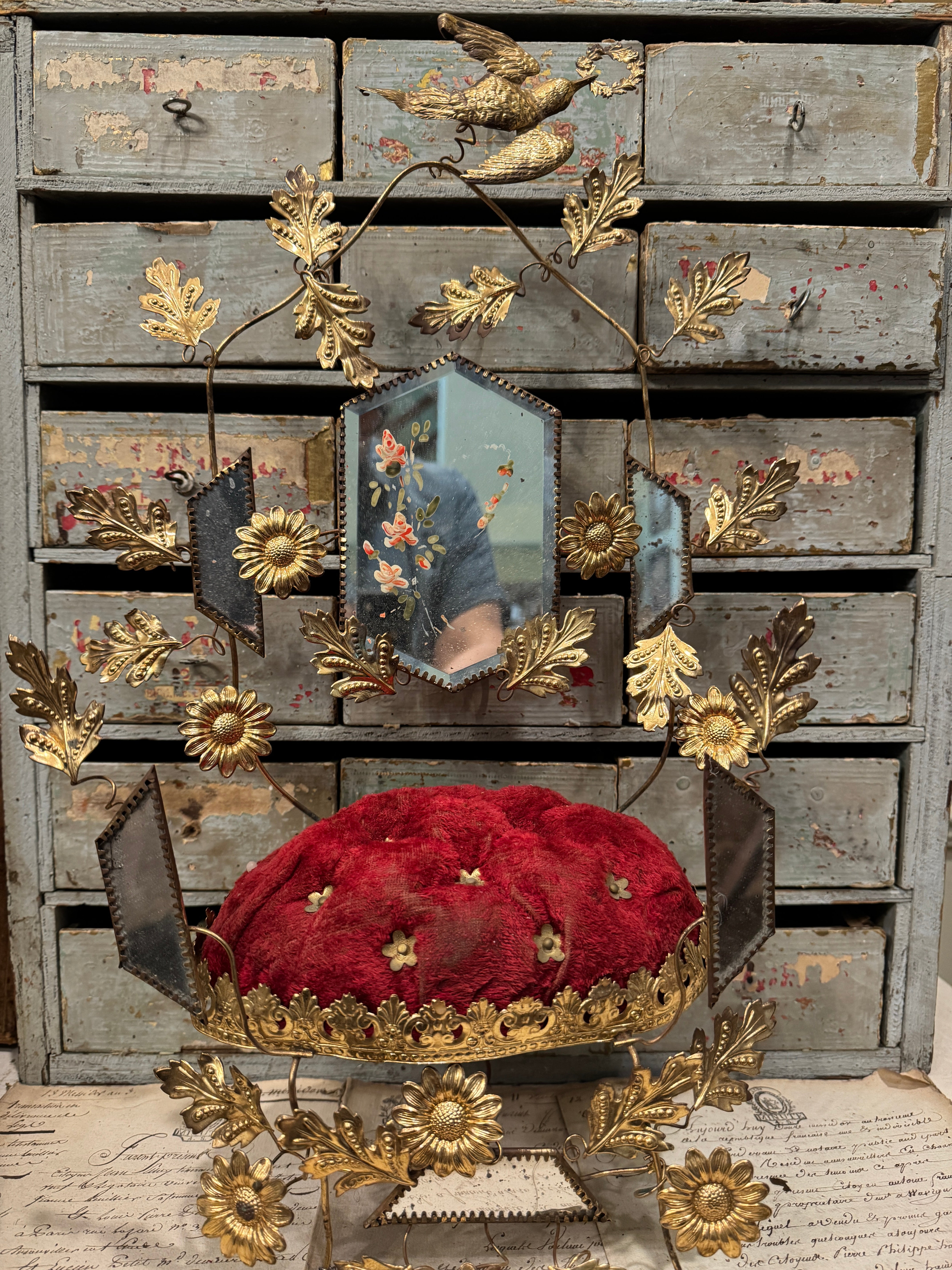 Antique French 1800s Globe De Mariee' Wedding Stand With Red Cushion