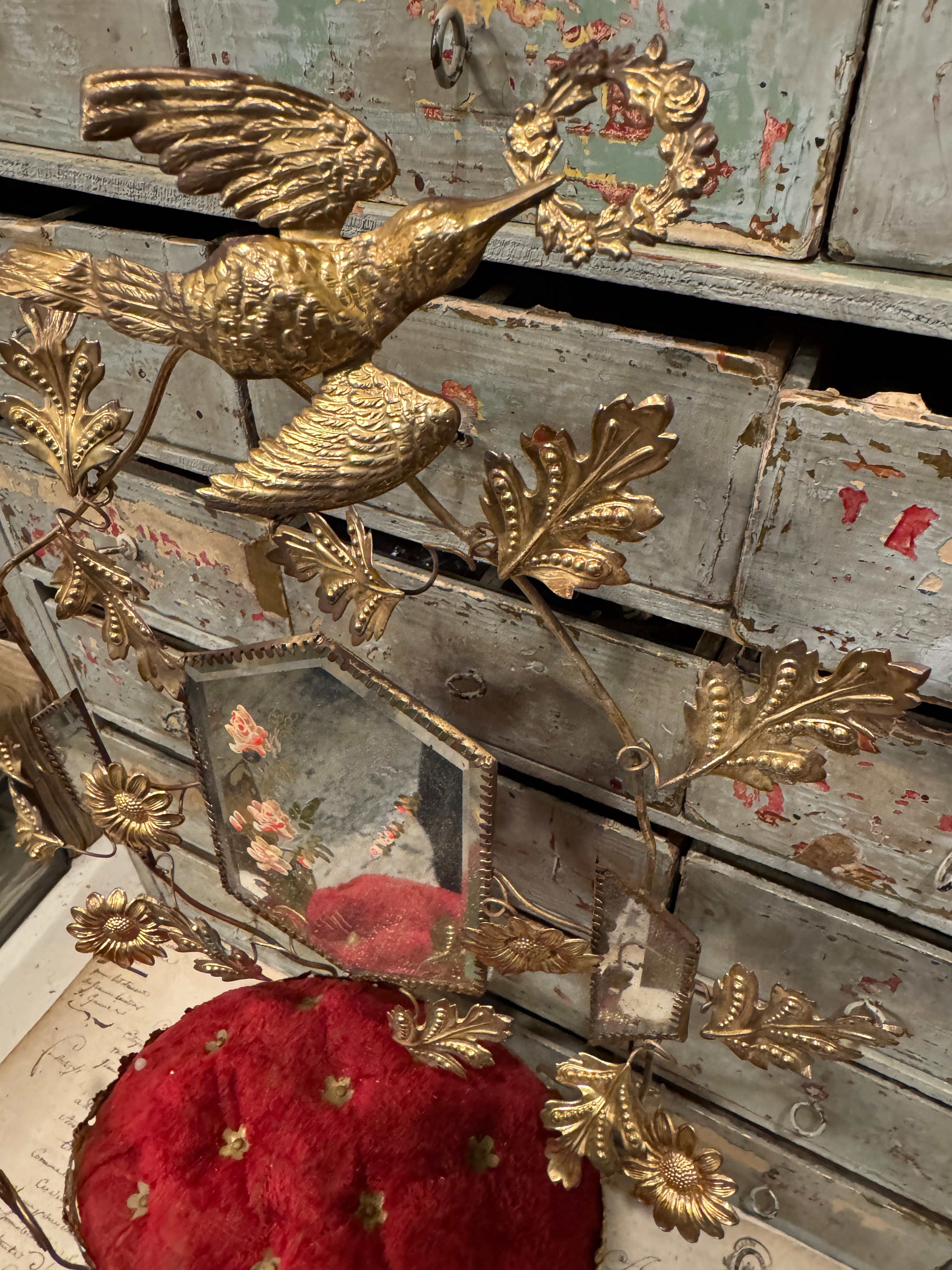 Antique French 1800s Globe De Mariee' Wedding Stand With Red Cushion