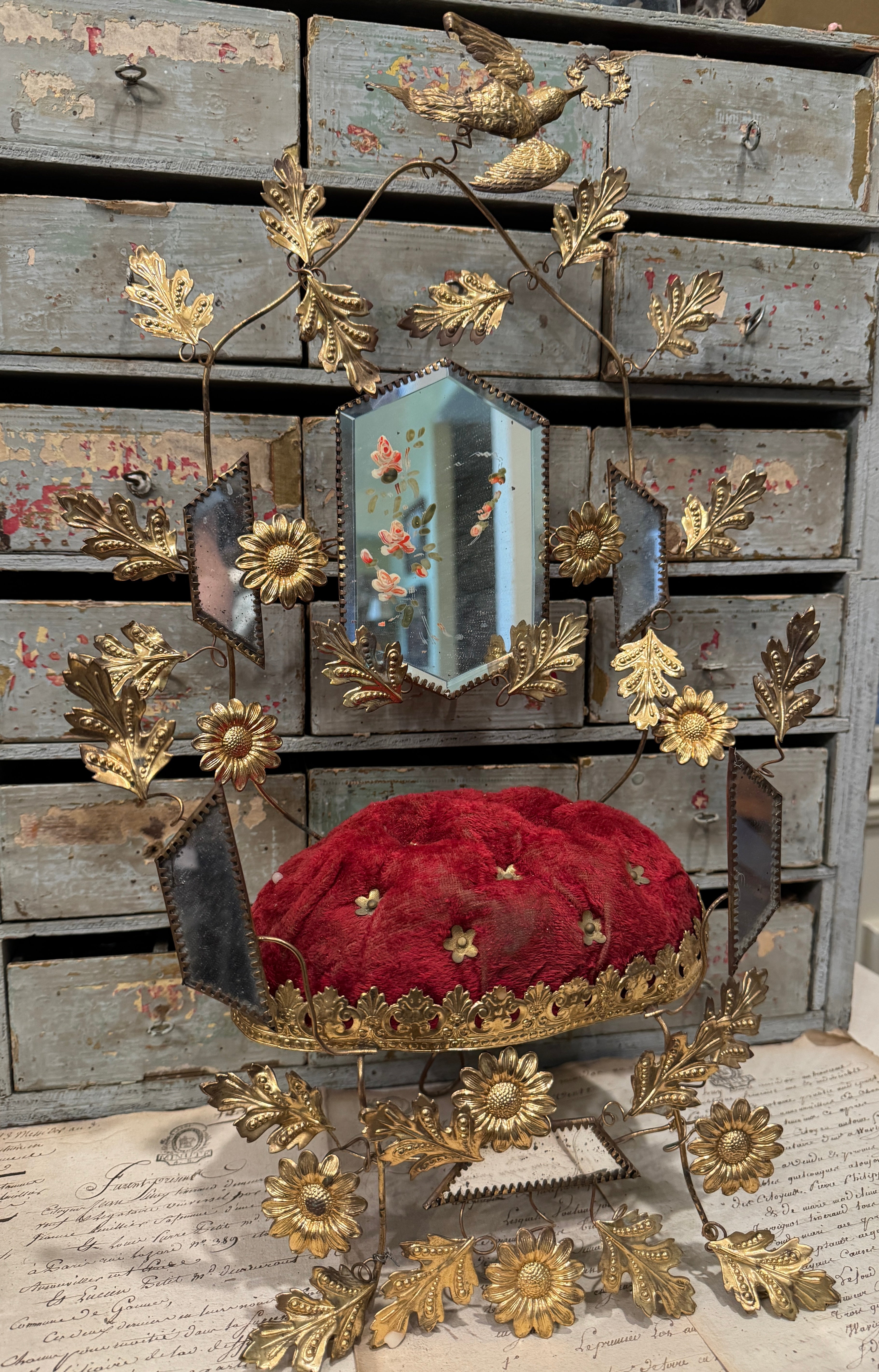 Antique French 1800s Globe De Mariee' Wedding Stand With Red Cushion