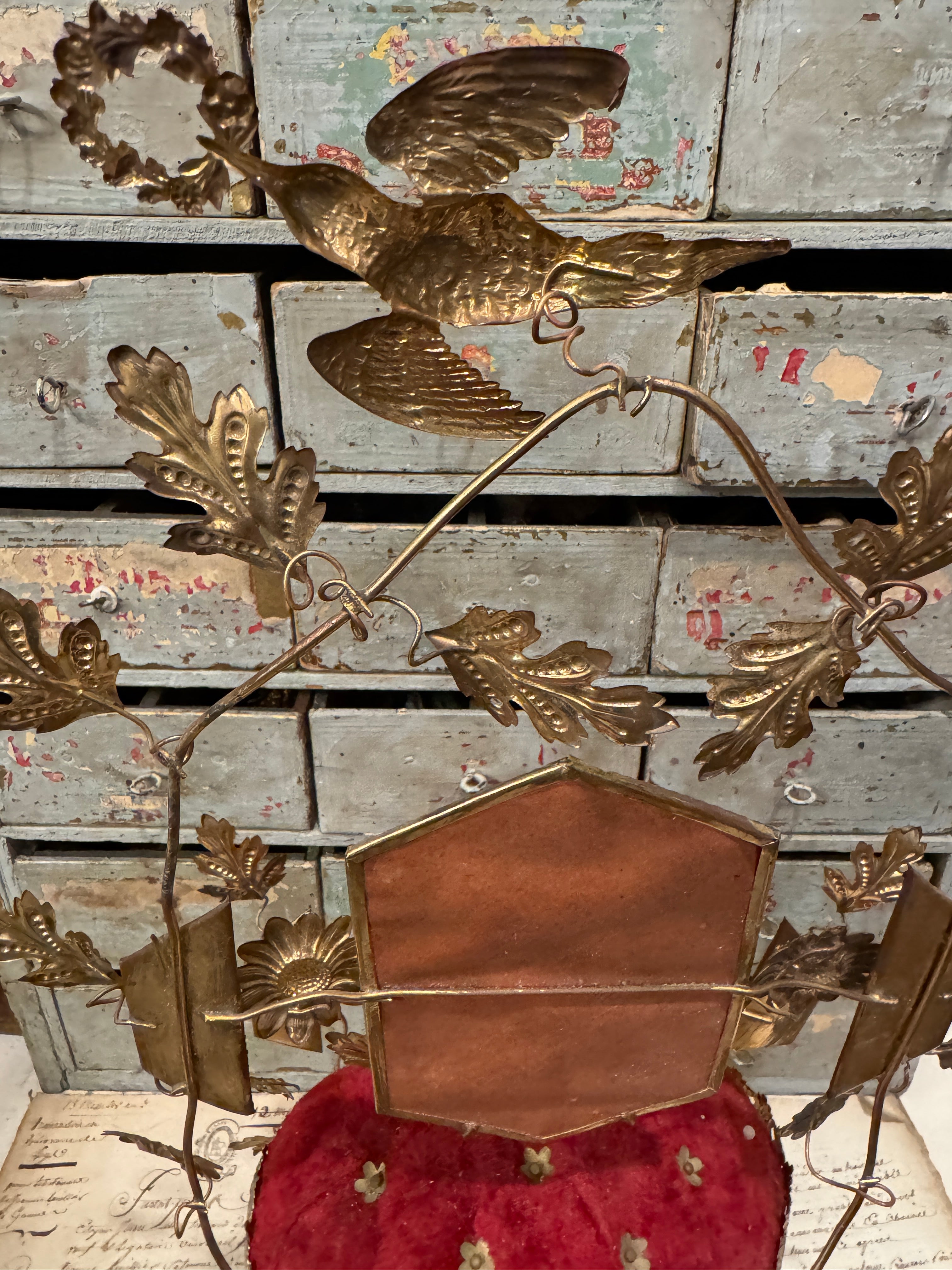 Antique French 1800s Globe De Mariee' Wedding Stand With Red Cushion