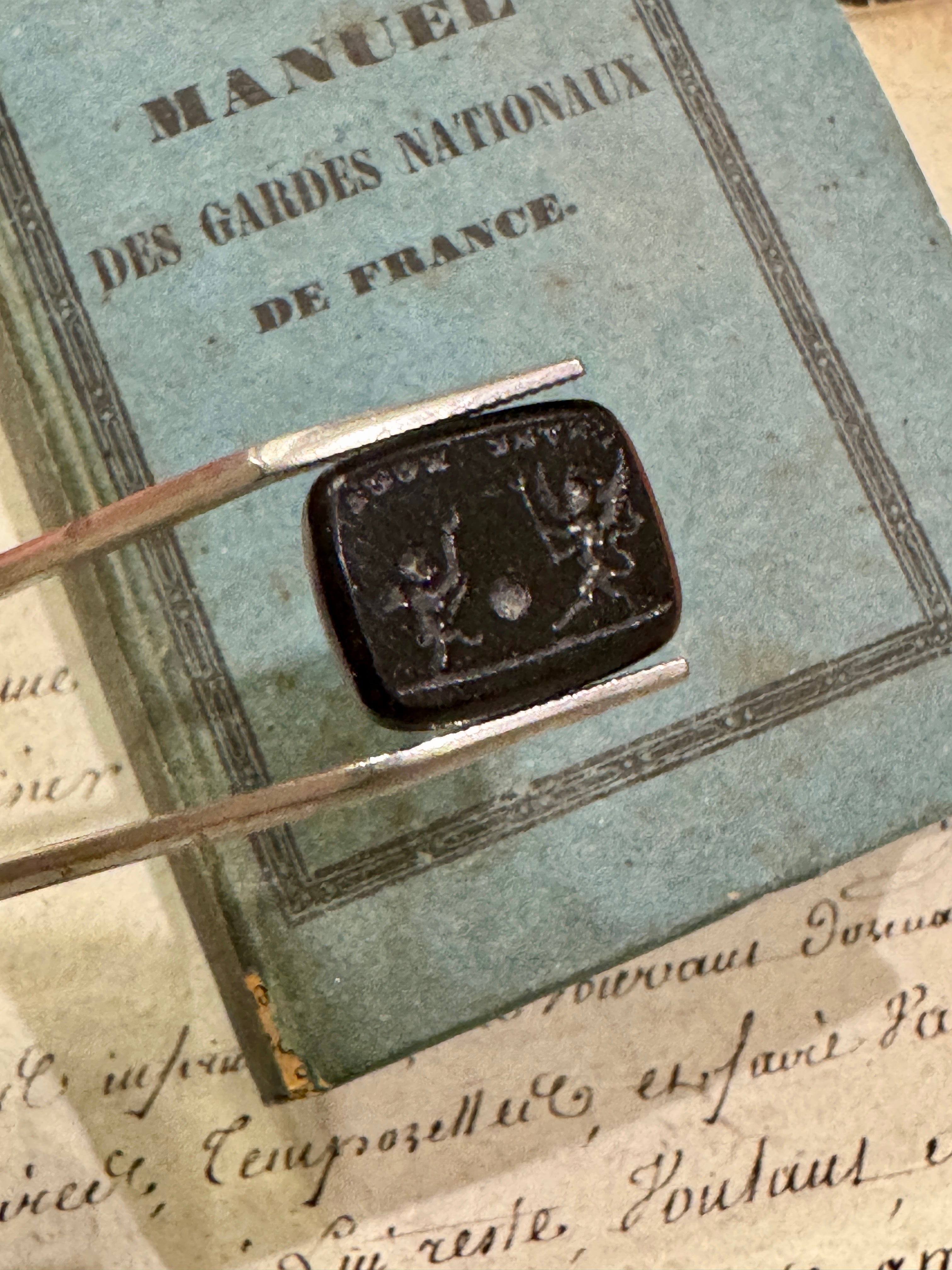 Antique Black Glass Intaglio Seal Of The Devil And Cupid