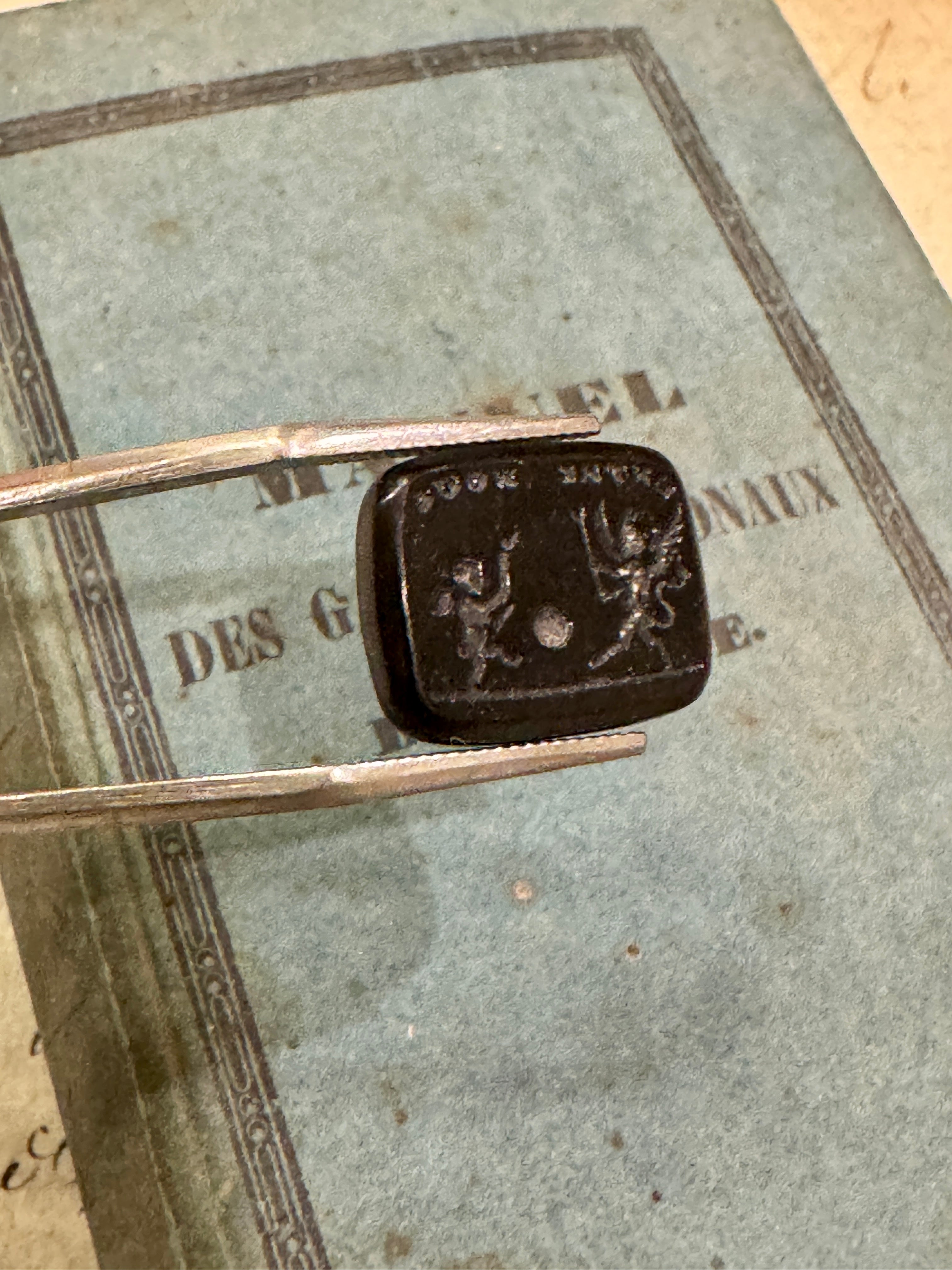 Antique Black Glass Intaglio Seal Of The Devil And Cupid