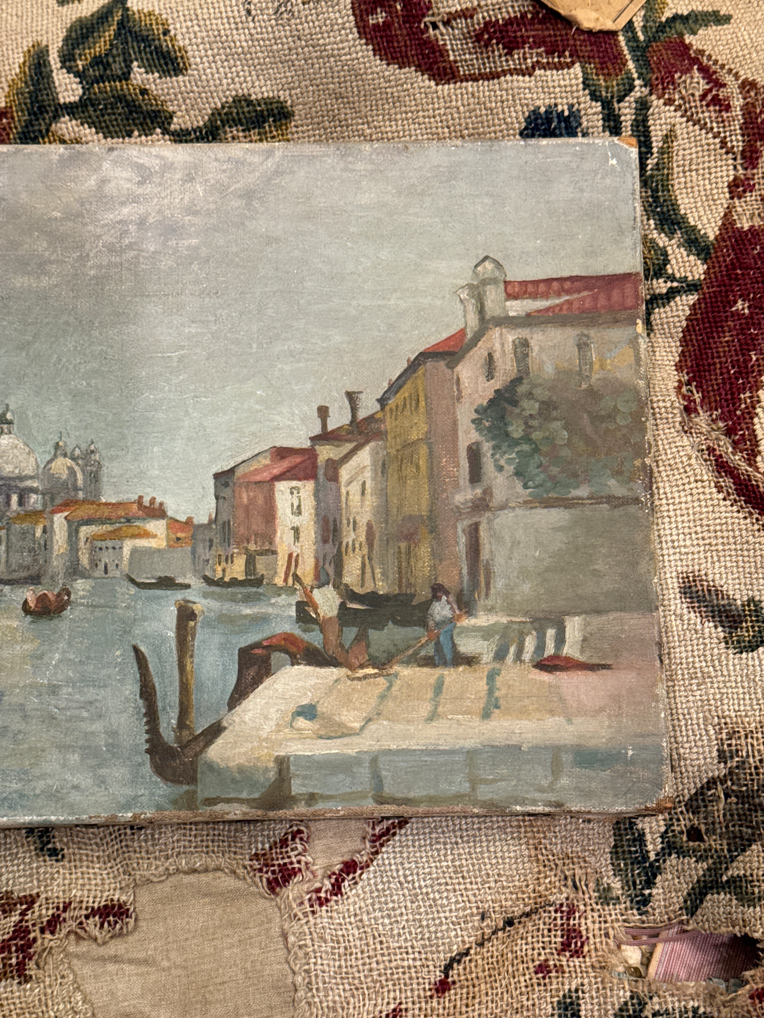 Antique French 1800s Venice Canals Oil Painting