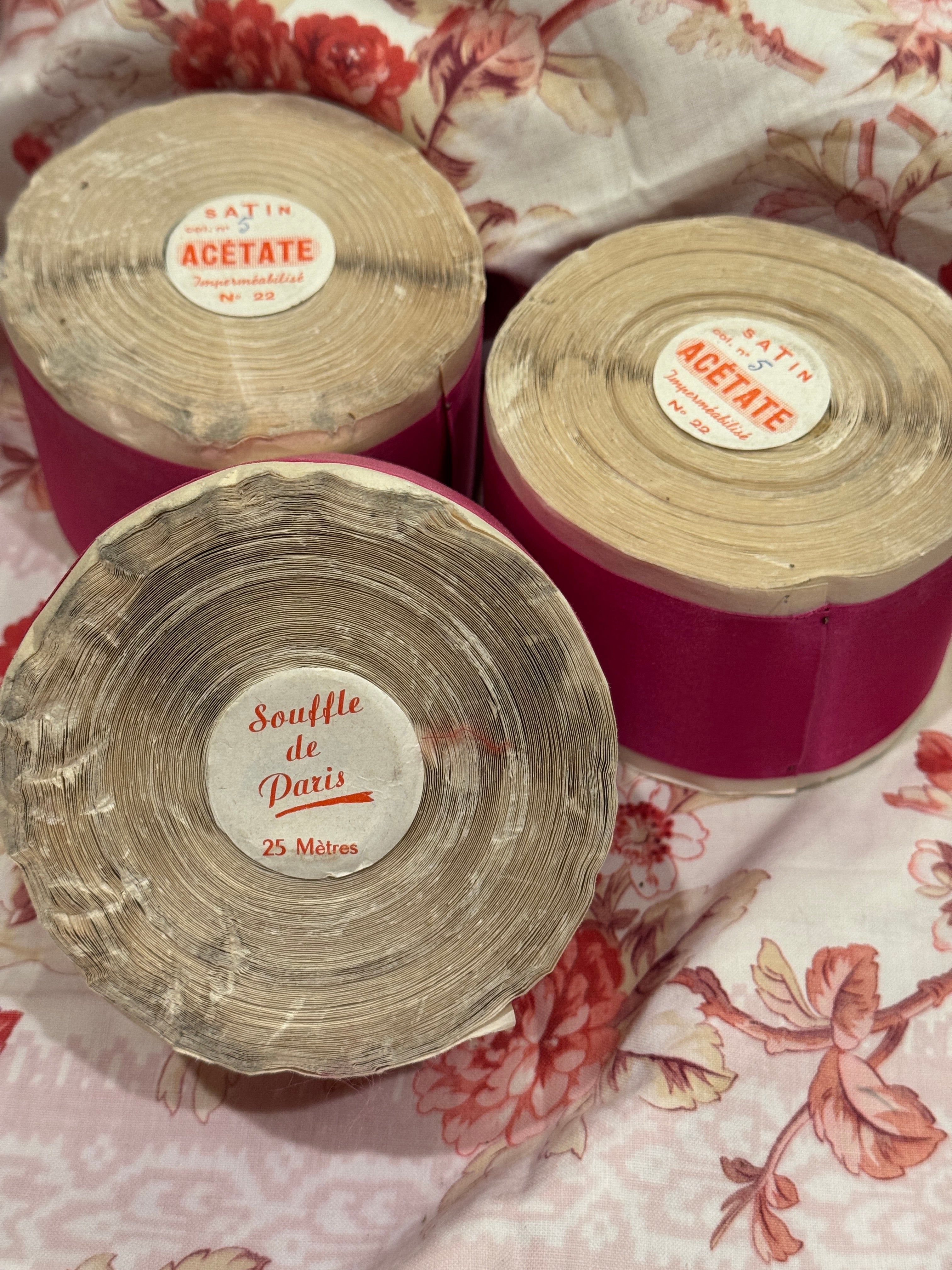 Vintage French Rose Pink Satin Ribbon Spools - 25 Meters
