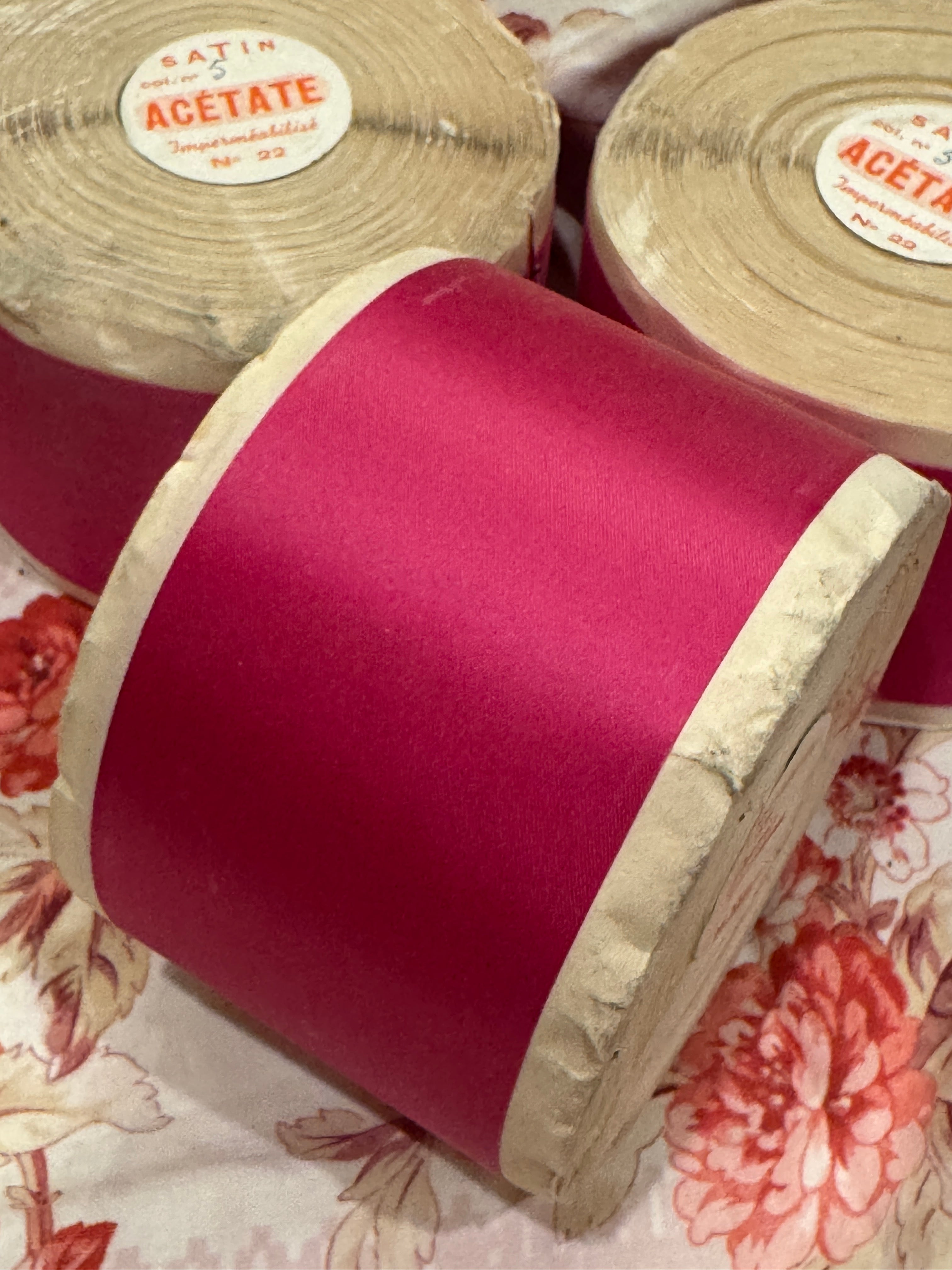 Vintage French Rose Pink Satin Ribbon Spools - 25 Meters