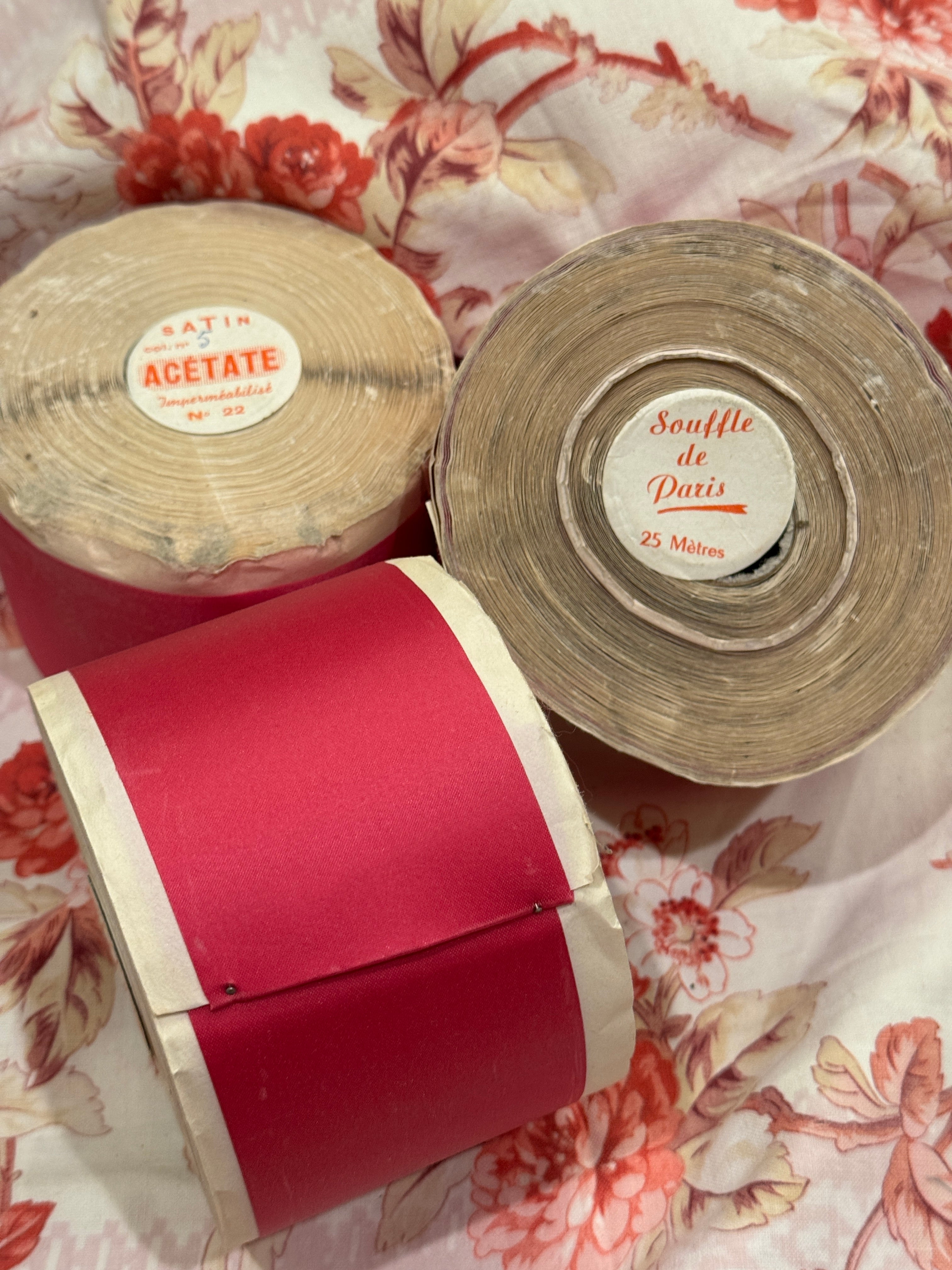 Vintage French Rose Pink Satin Ribbon Spools - 25 Meters