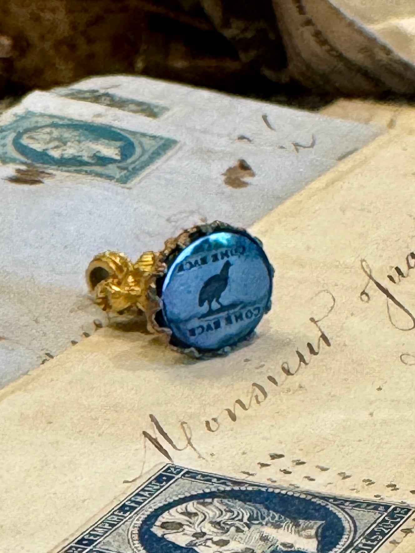 Antique Victorian Black Onyx Motto Chicken Intaglio Seal