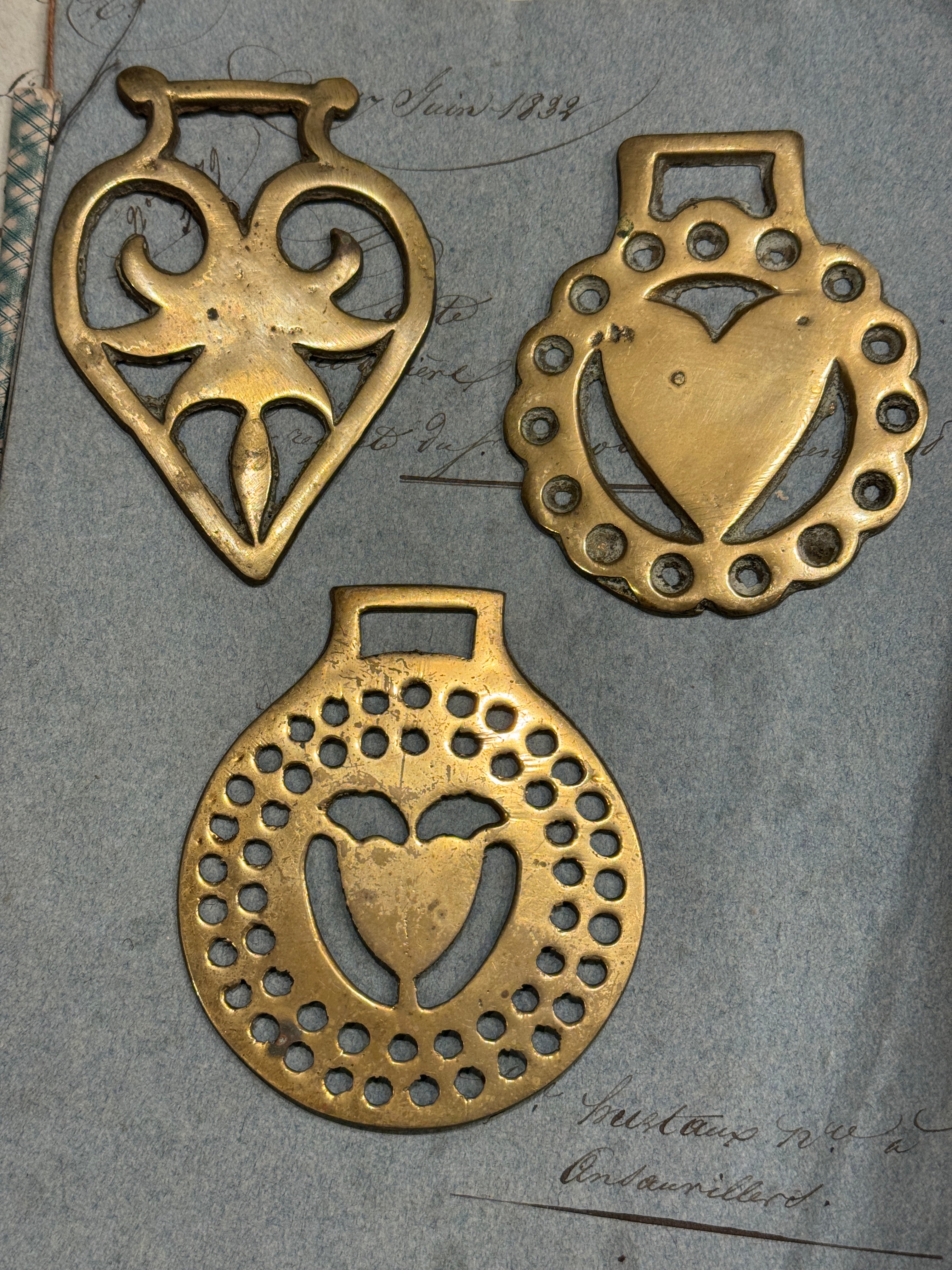 Vintage English Souvenir Horse Brass Heart Medallions