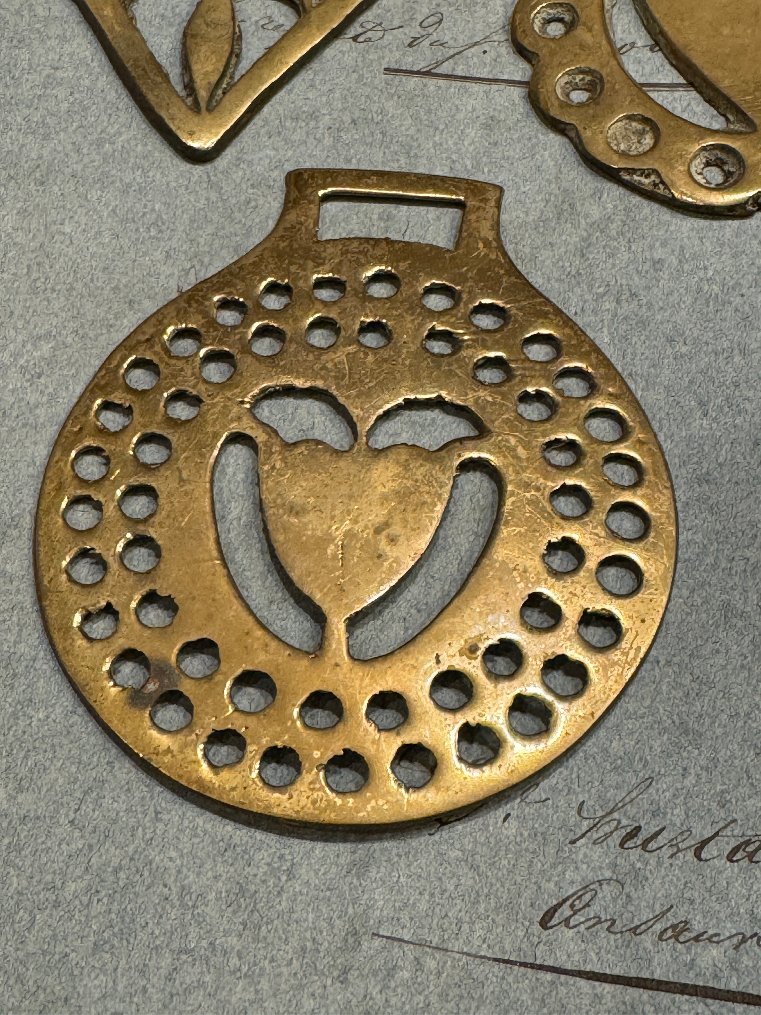 Vintage English Souvenir Horse Brass Heart Medallions