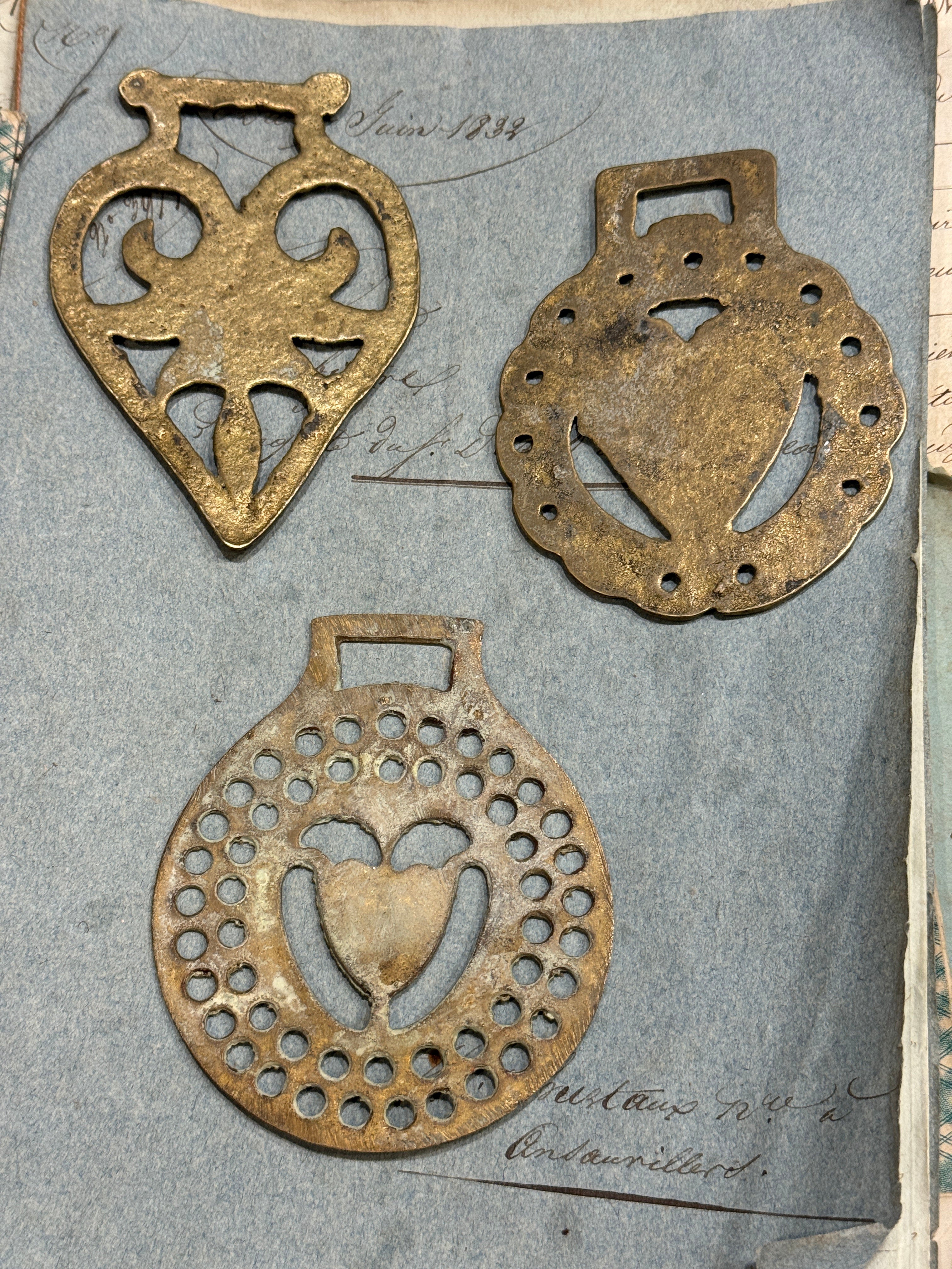 Vintage English Souvenir Horse Brass Heart Medallions