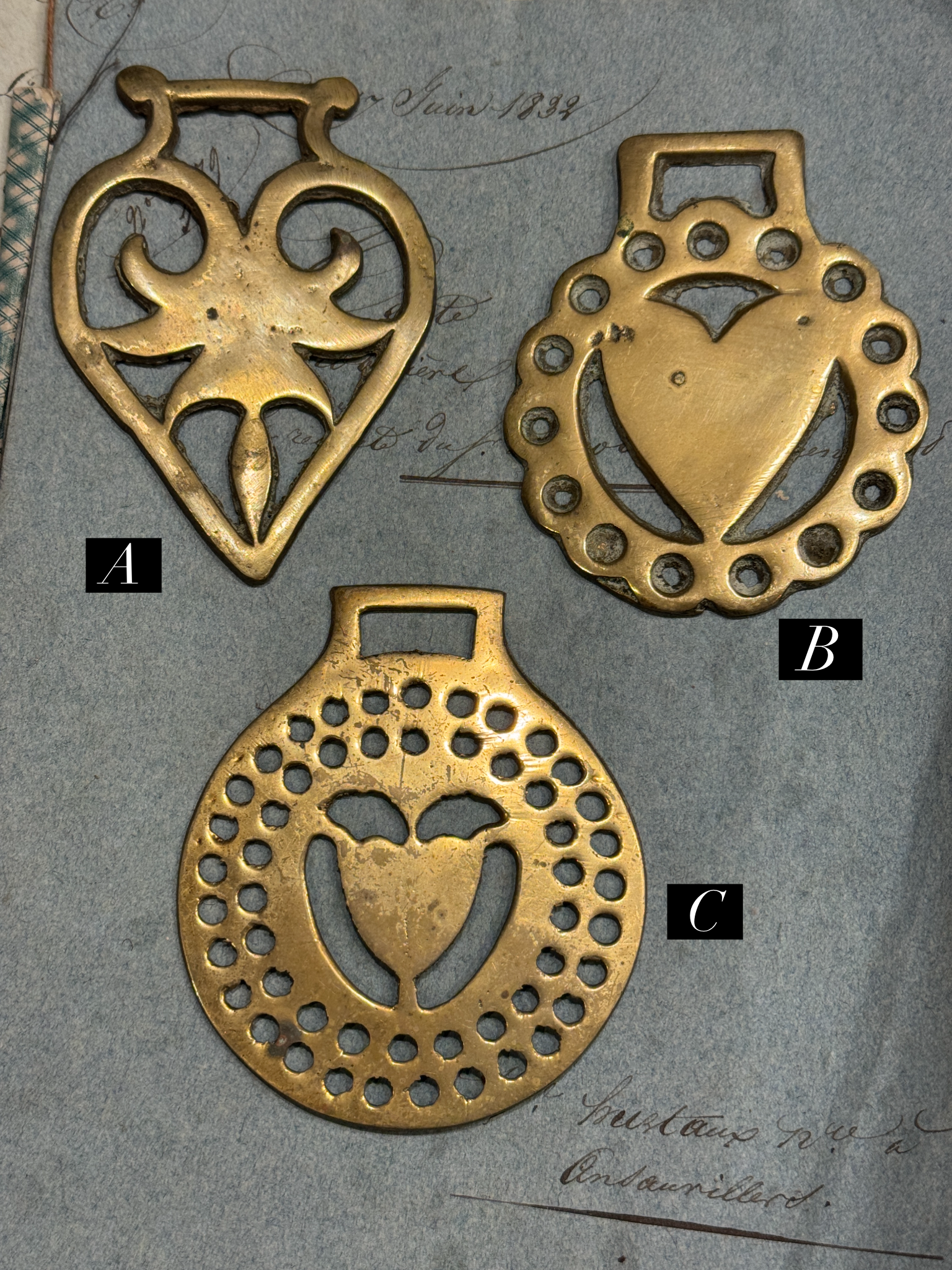 Vintage English Souvenir Horse Brass Heart Medallions