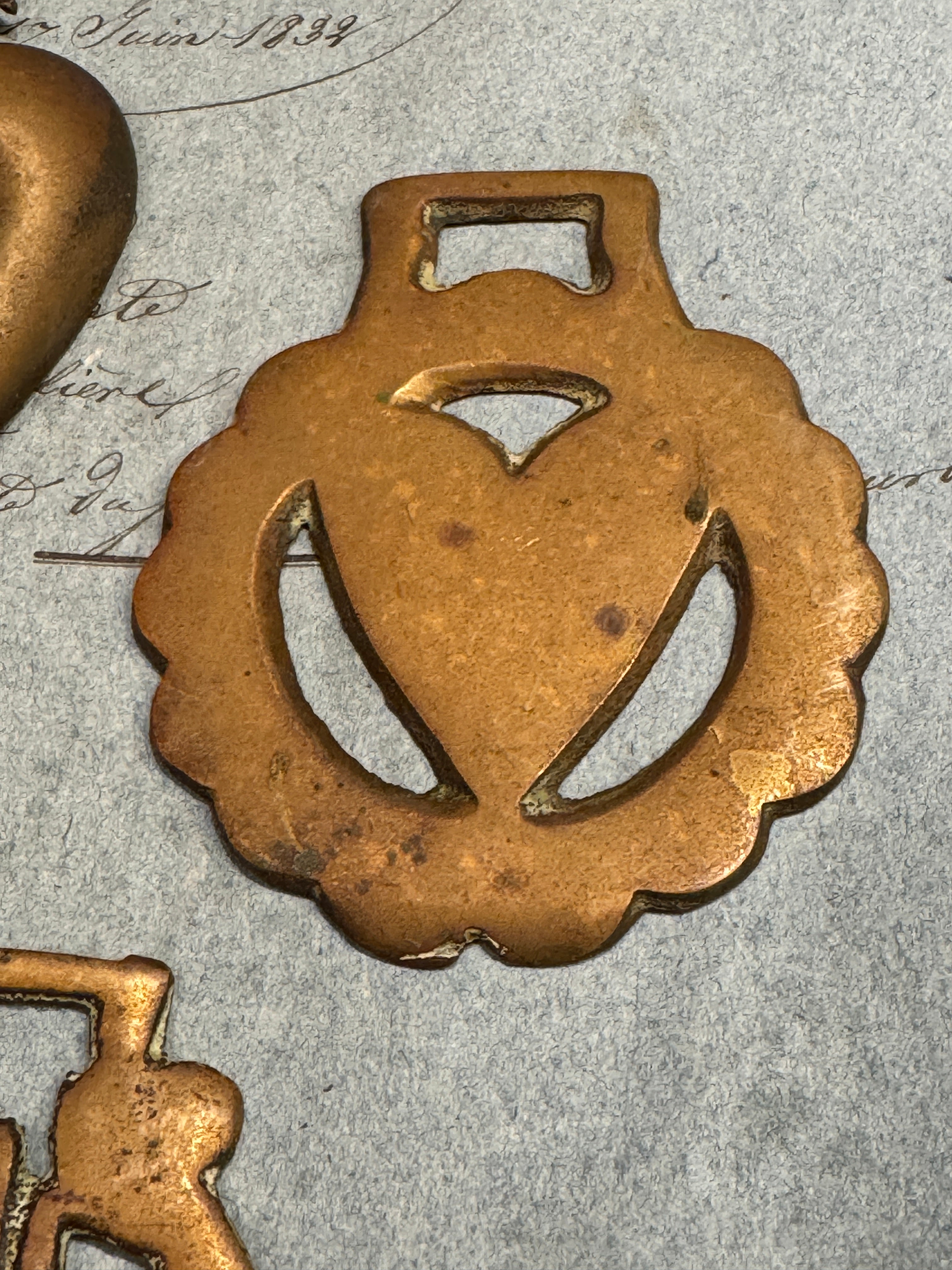 Vintage English Souvenir Horse Brass Heart/Hand Medallions