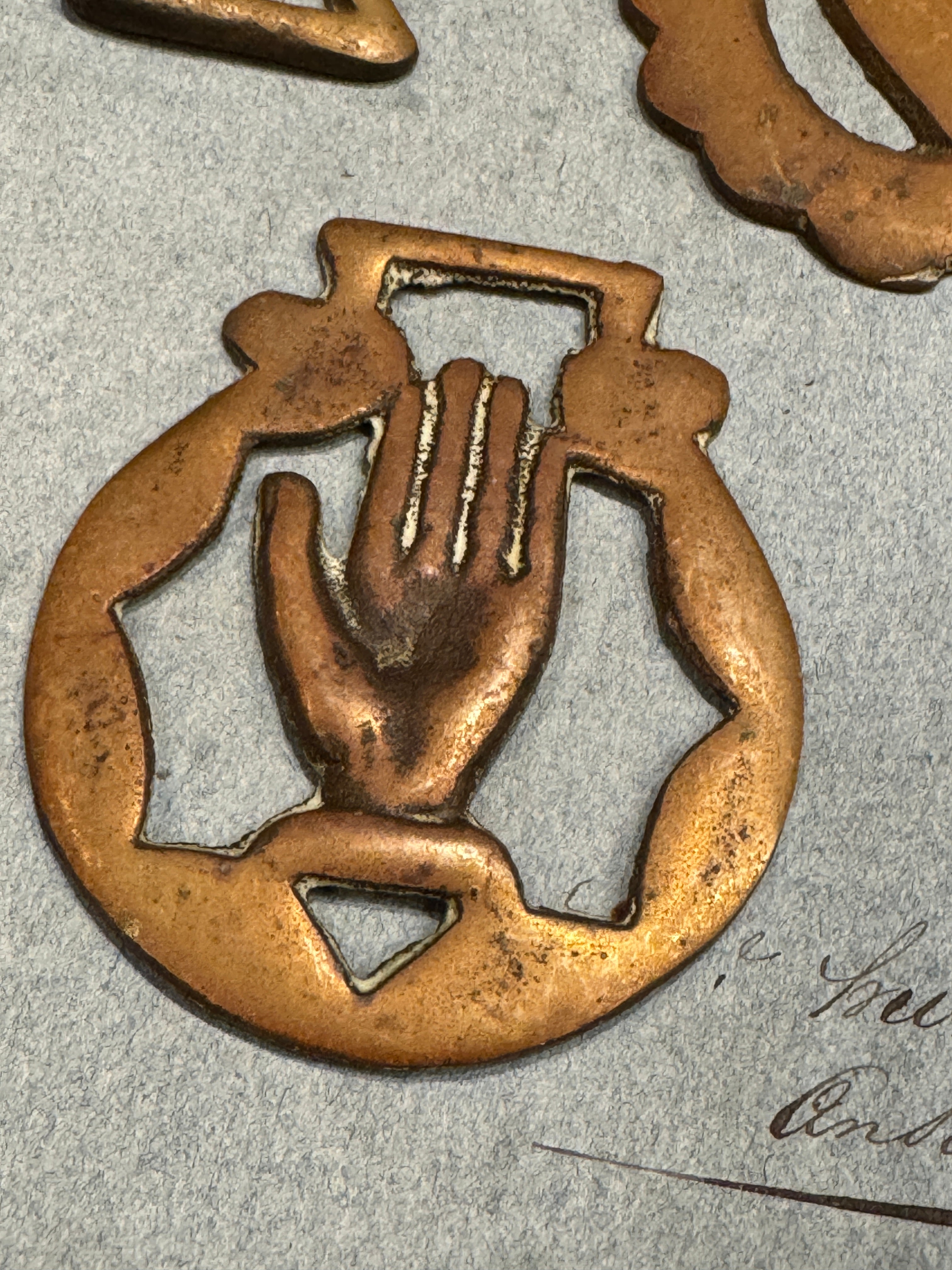 Vintage English Souvenir Horse Brass Heart/Hand Medallions