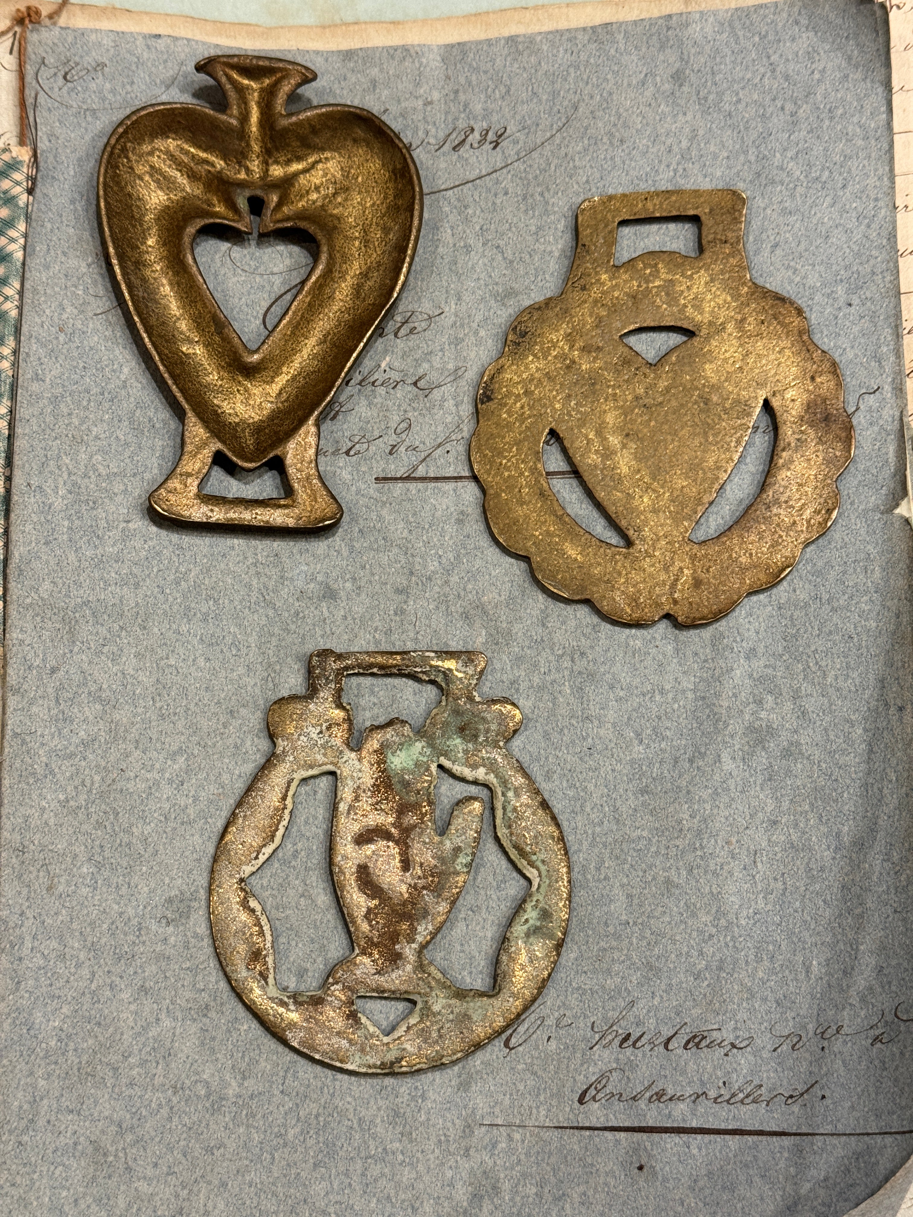 Vintage English Souvenir Horse Brass Heart/Hand Medallions