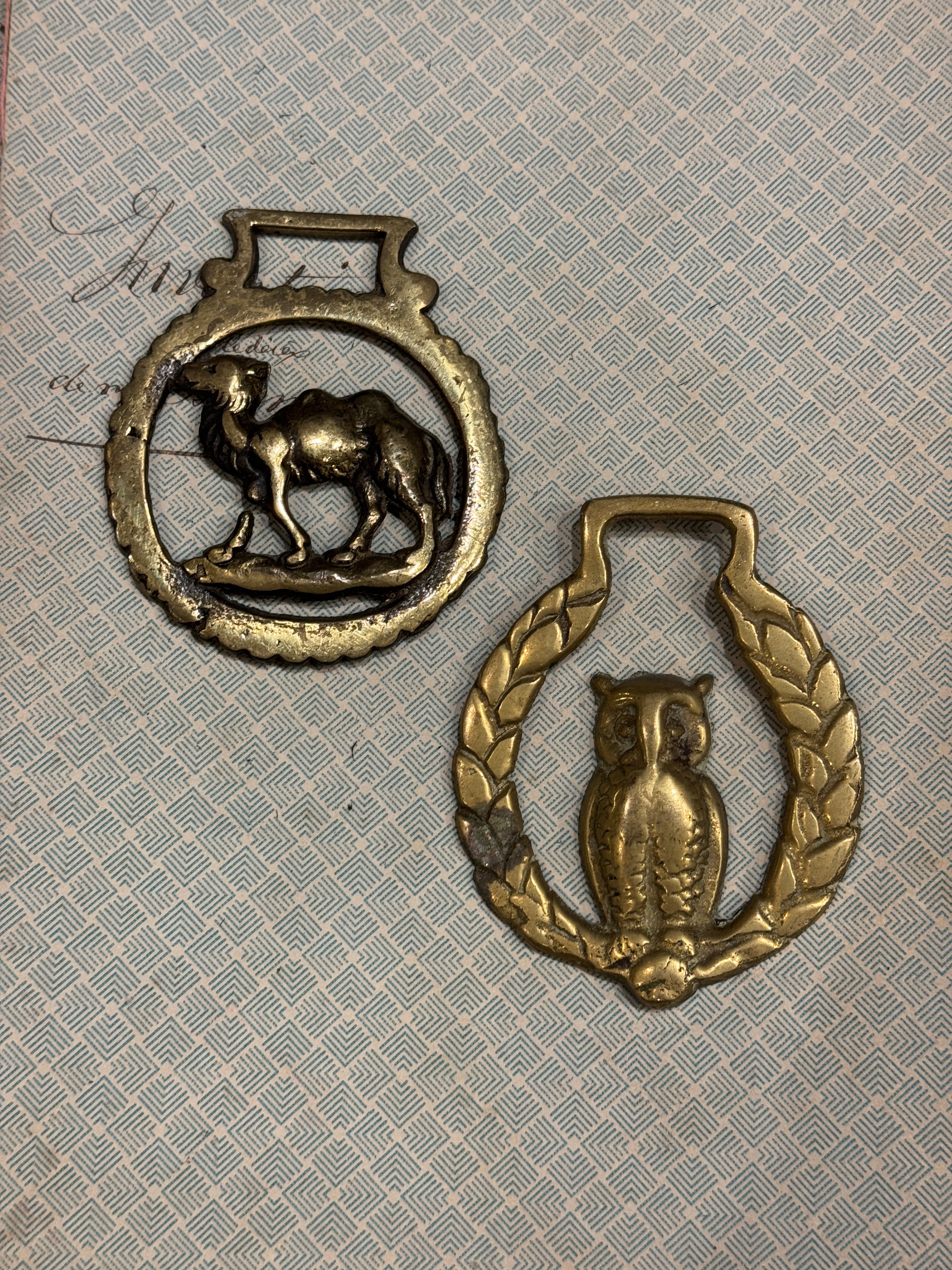 Vintage English Souvenir Horse Brass Camel & Owl Medallions