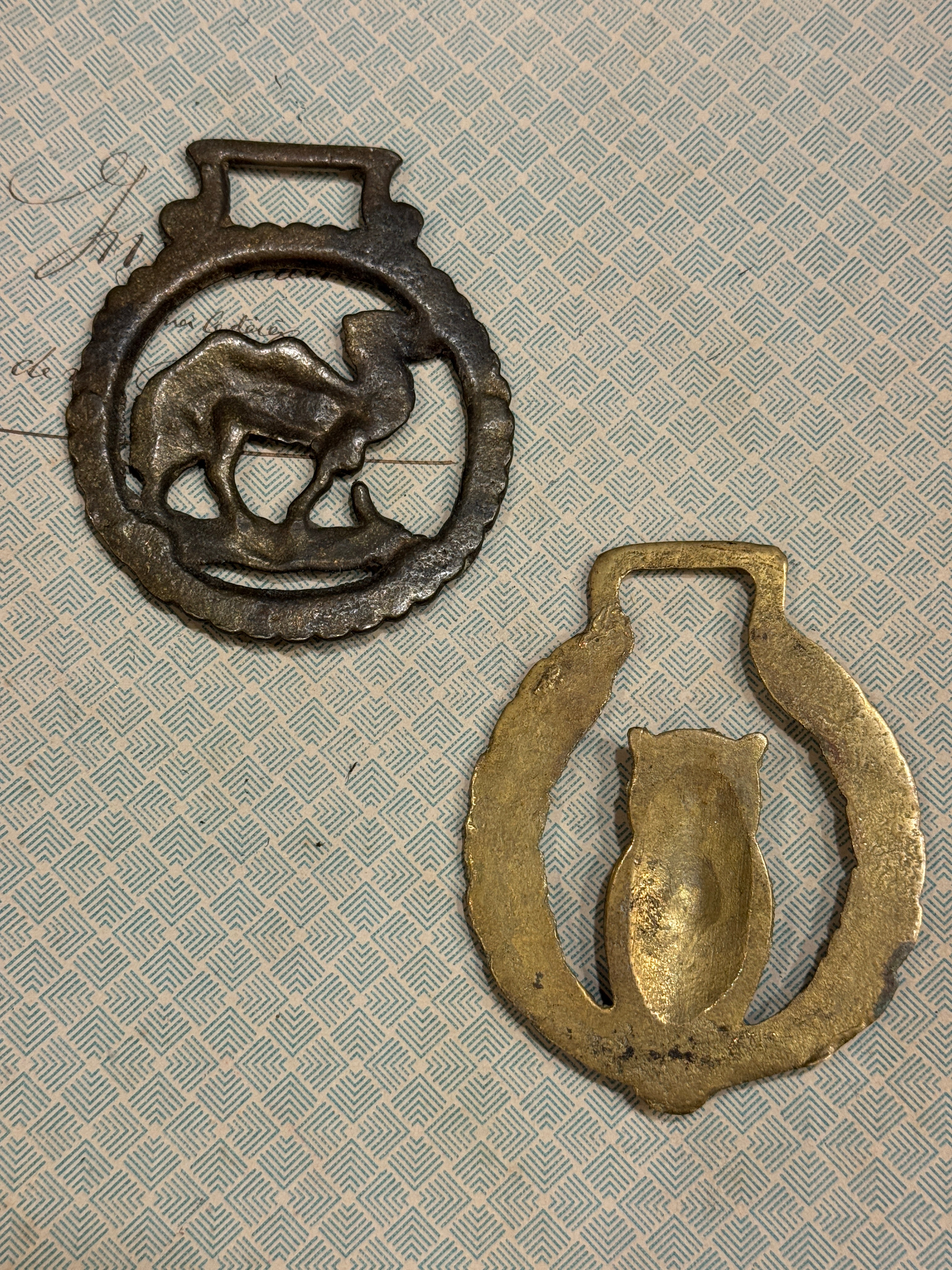 Vintage English Souvenir Horse Brass Camel & Owl Medallions