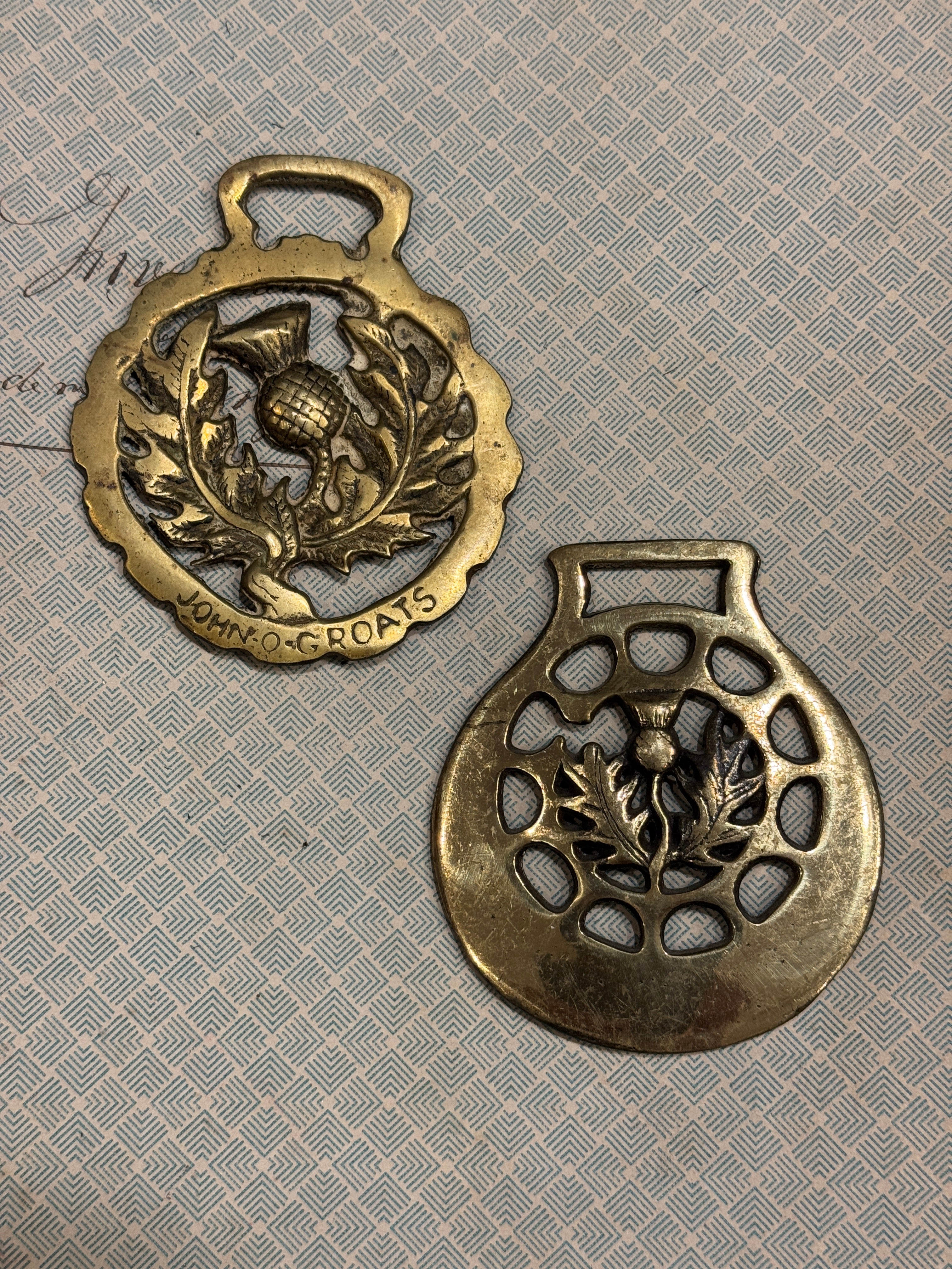 Vintage English Souvenir Horse Brass Thistle Medallions