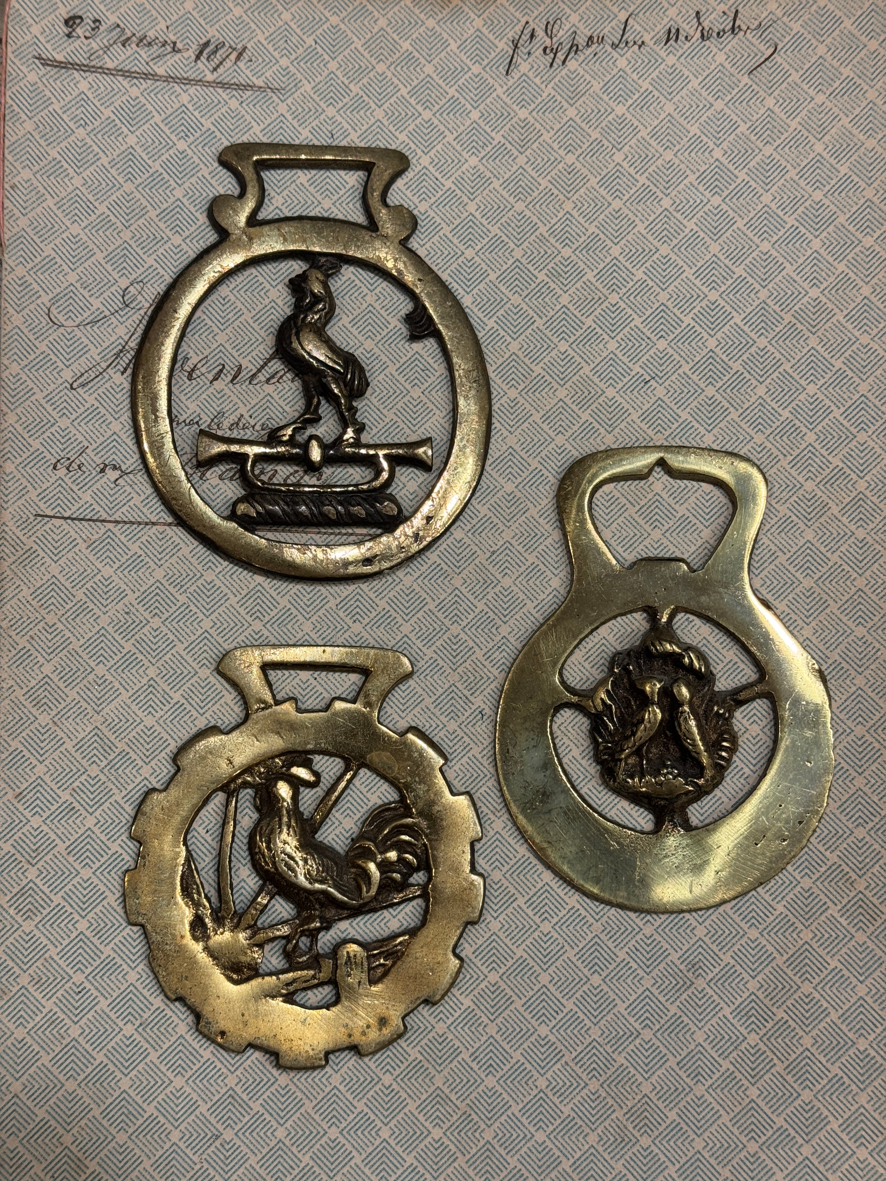 Vintage English Souvenir Horse Brass Chicken Medallions