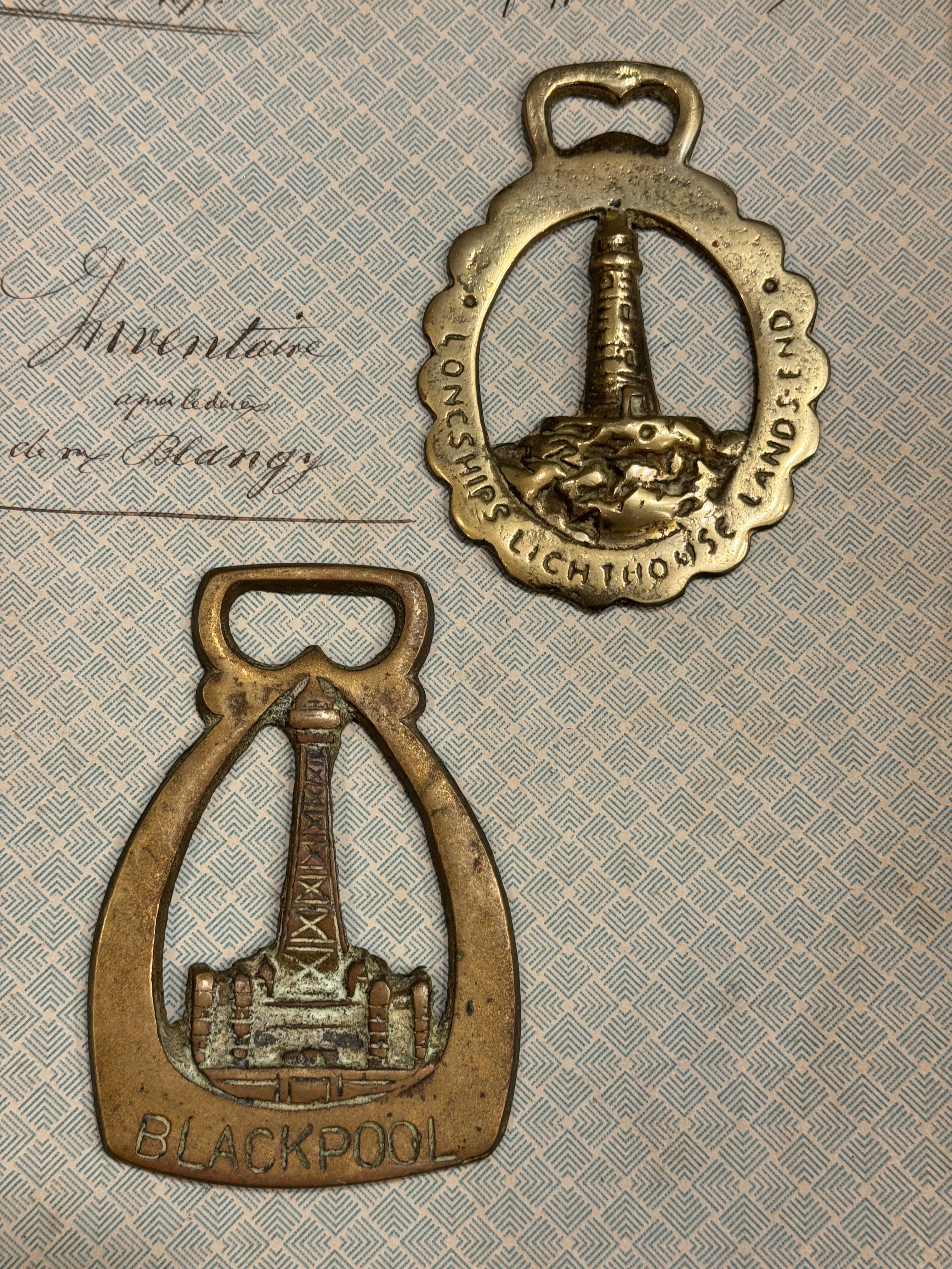 Vintage English Souvenir Horse Brass Light House Medallions