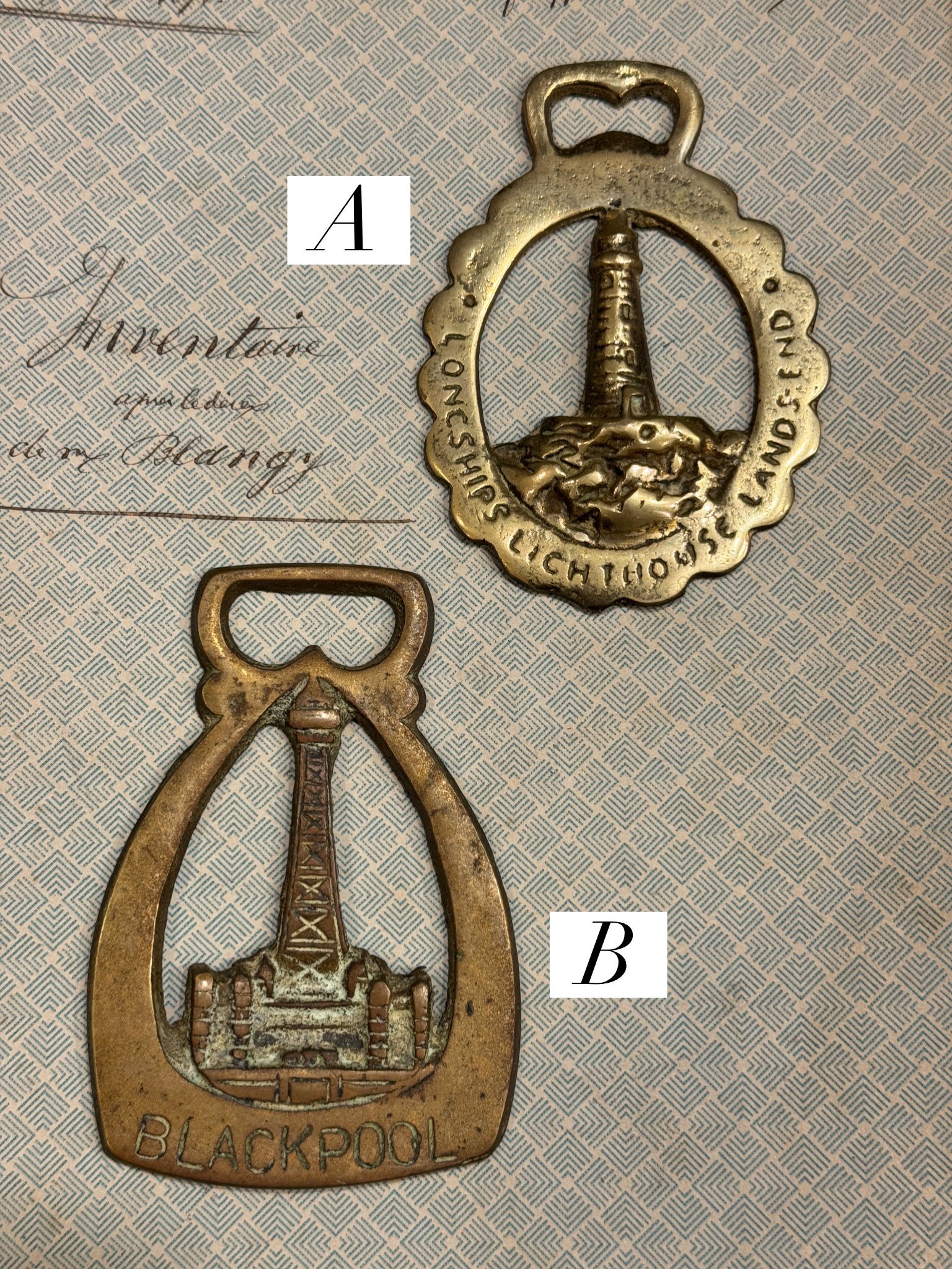 Vintage English Souvenir Horse Brass Light House Medallions