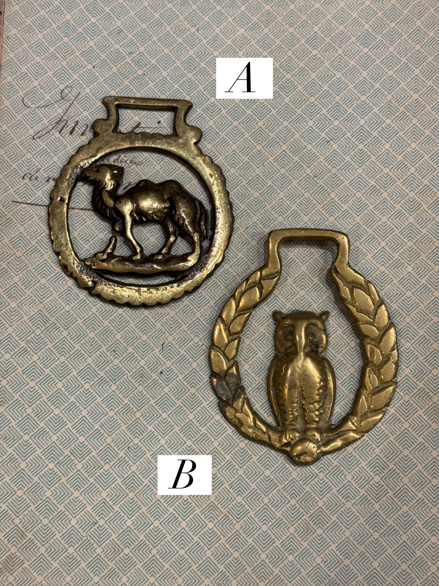 Vintage English Souvenir Horse Brass Camel & Owl Medallions