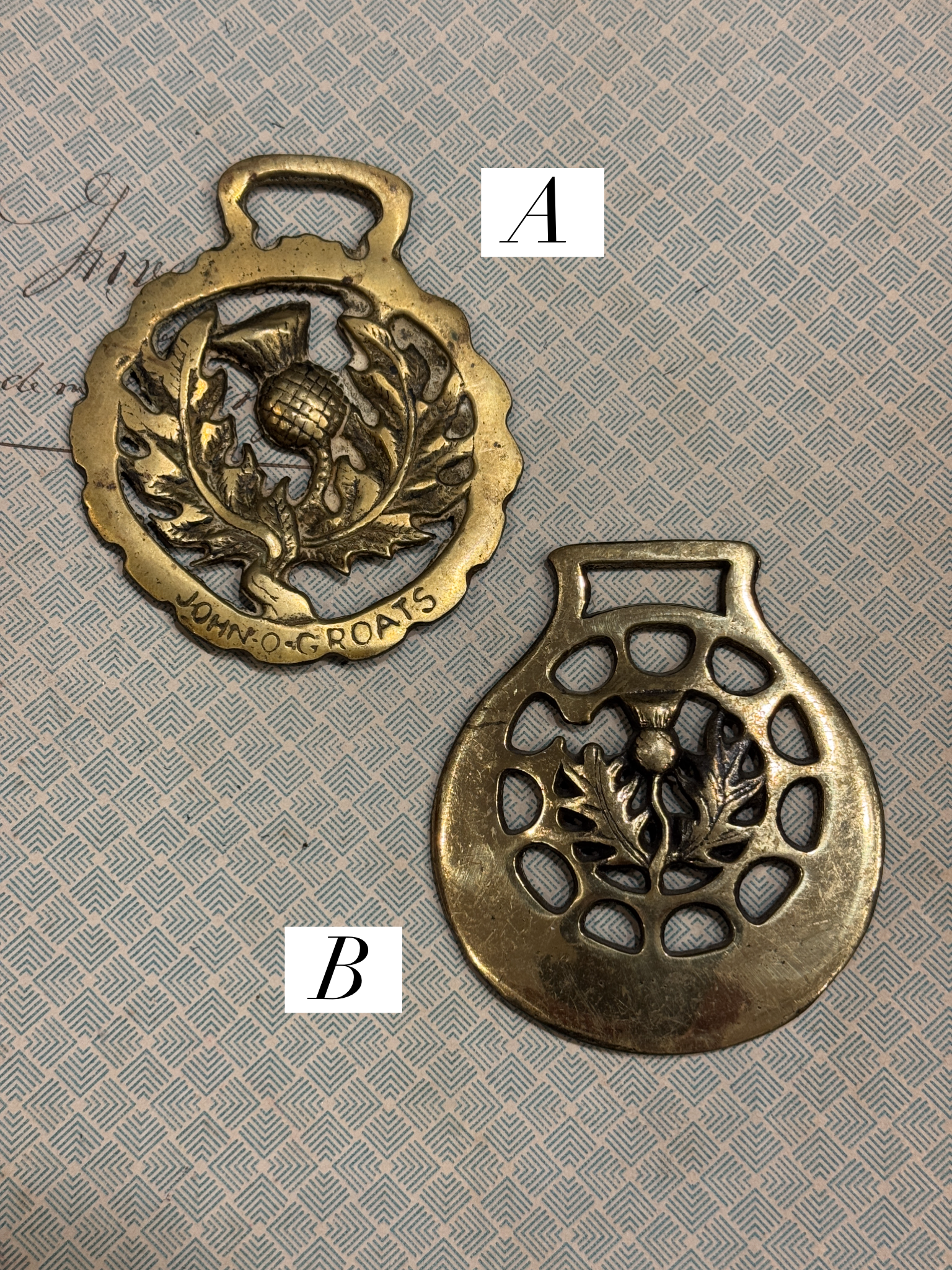 Vintage English Souvenir Horse Brass Thistle Medallions