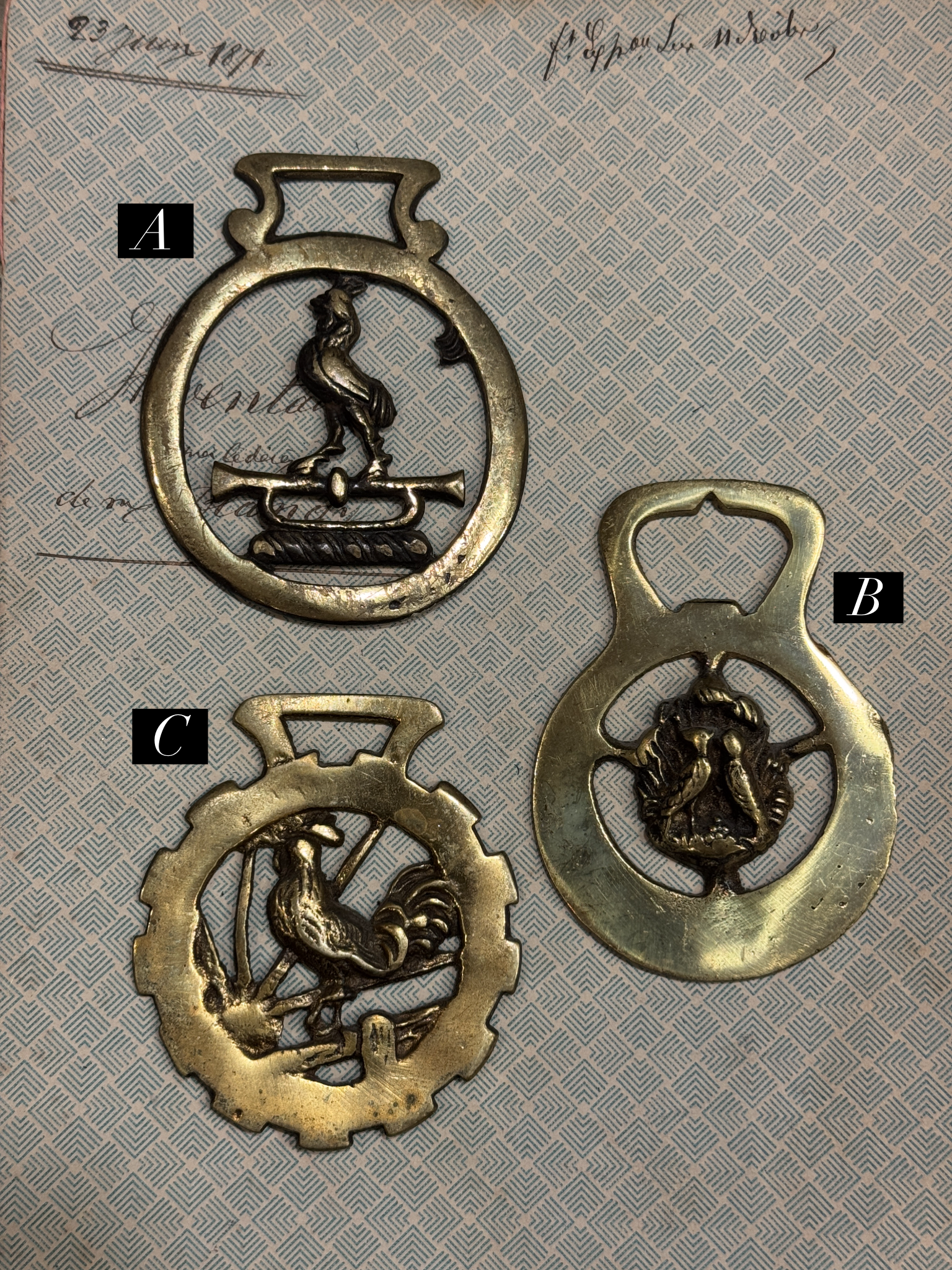 Vintage English Souvenir Horse Brass Chicken Medallions