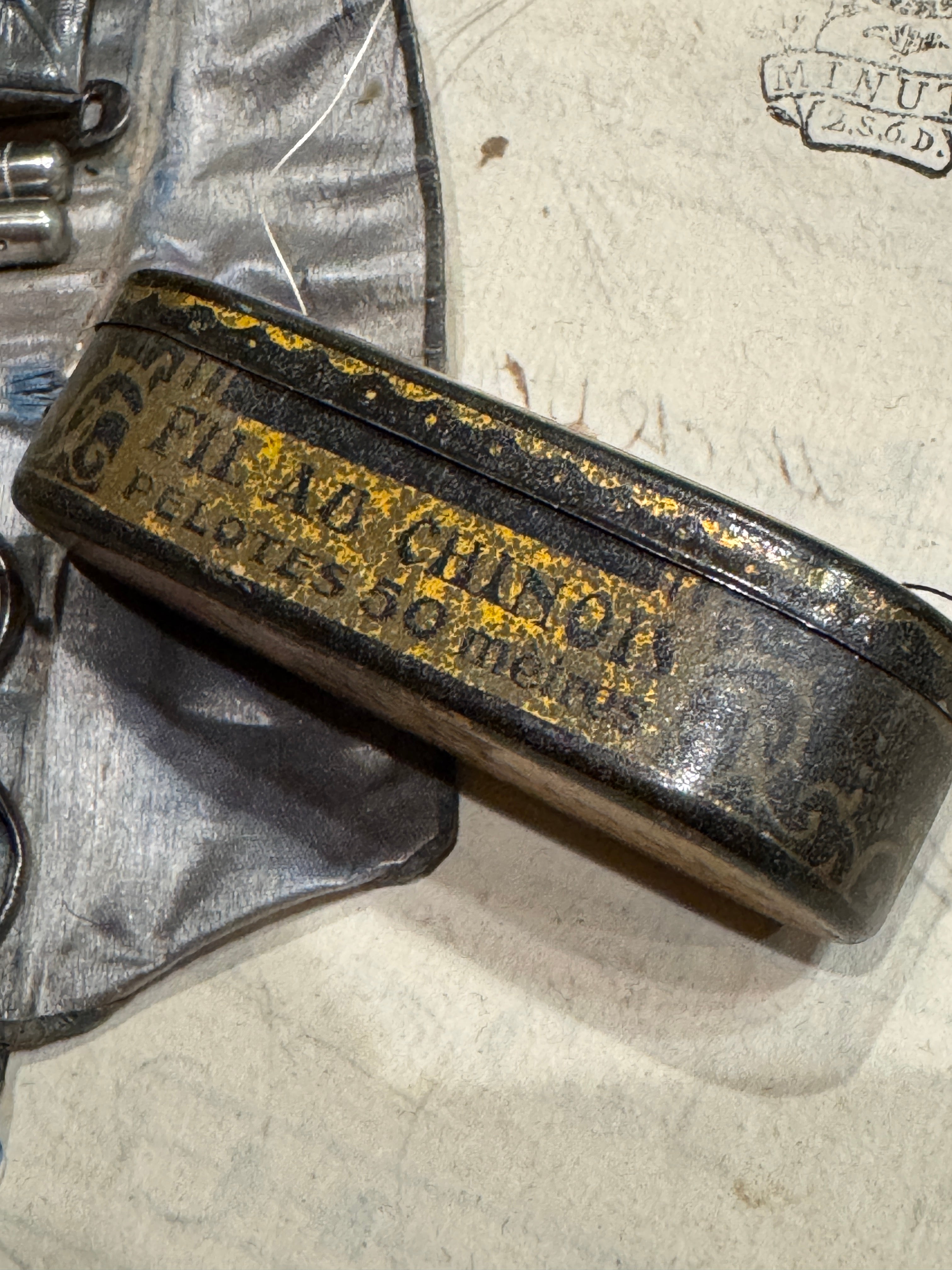 French Antique Thread Tin: Le Fil Au Chinois Bobbin Holder