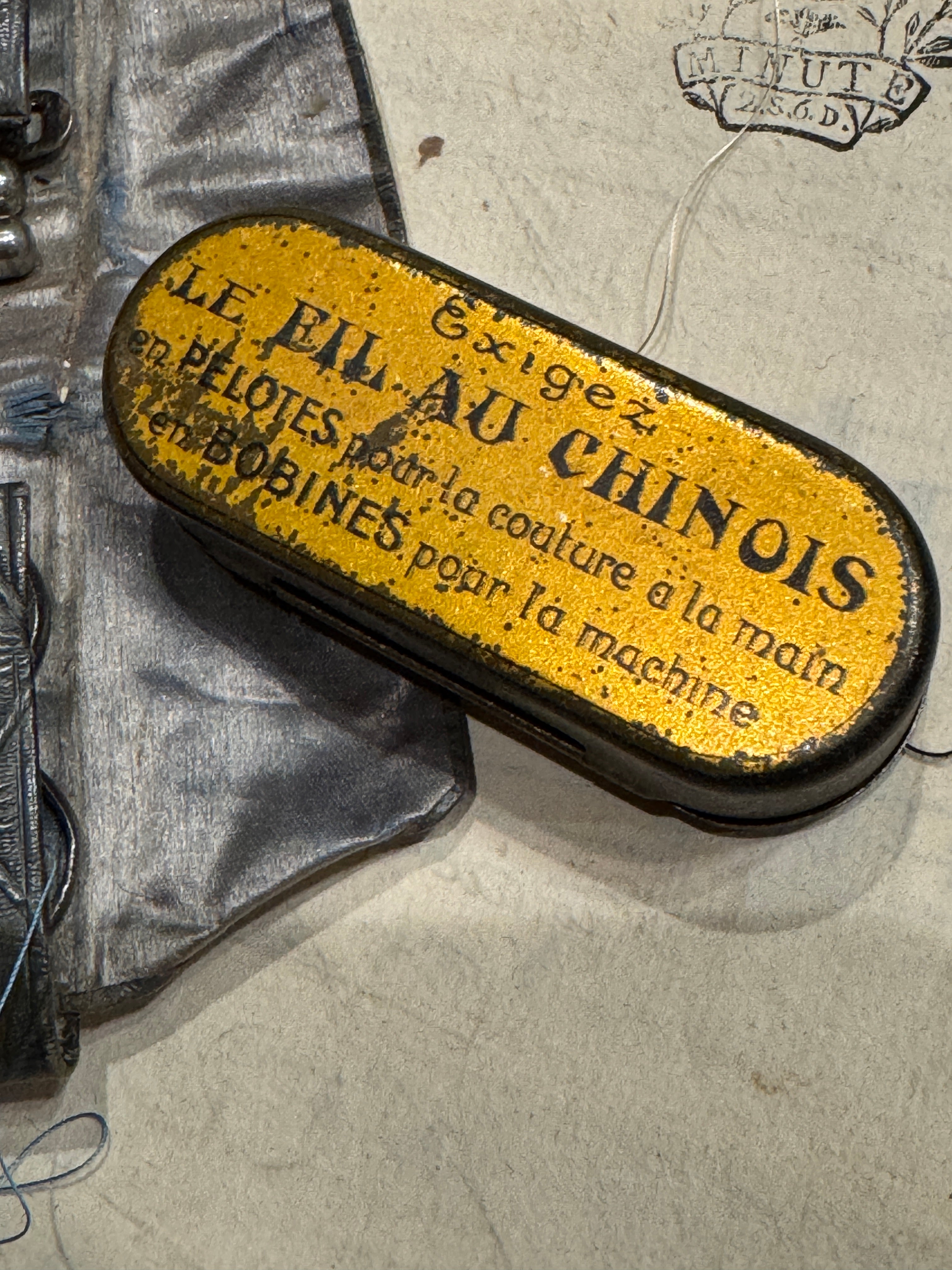 French Antique Thread Tin: Le Fil Au Chinois Bobbin Holder