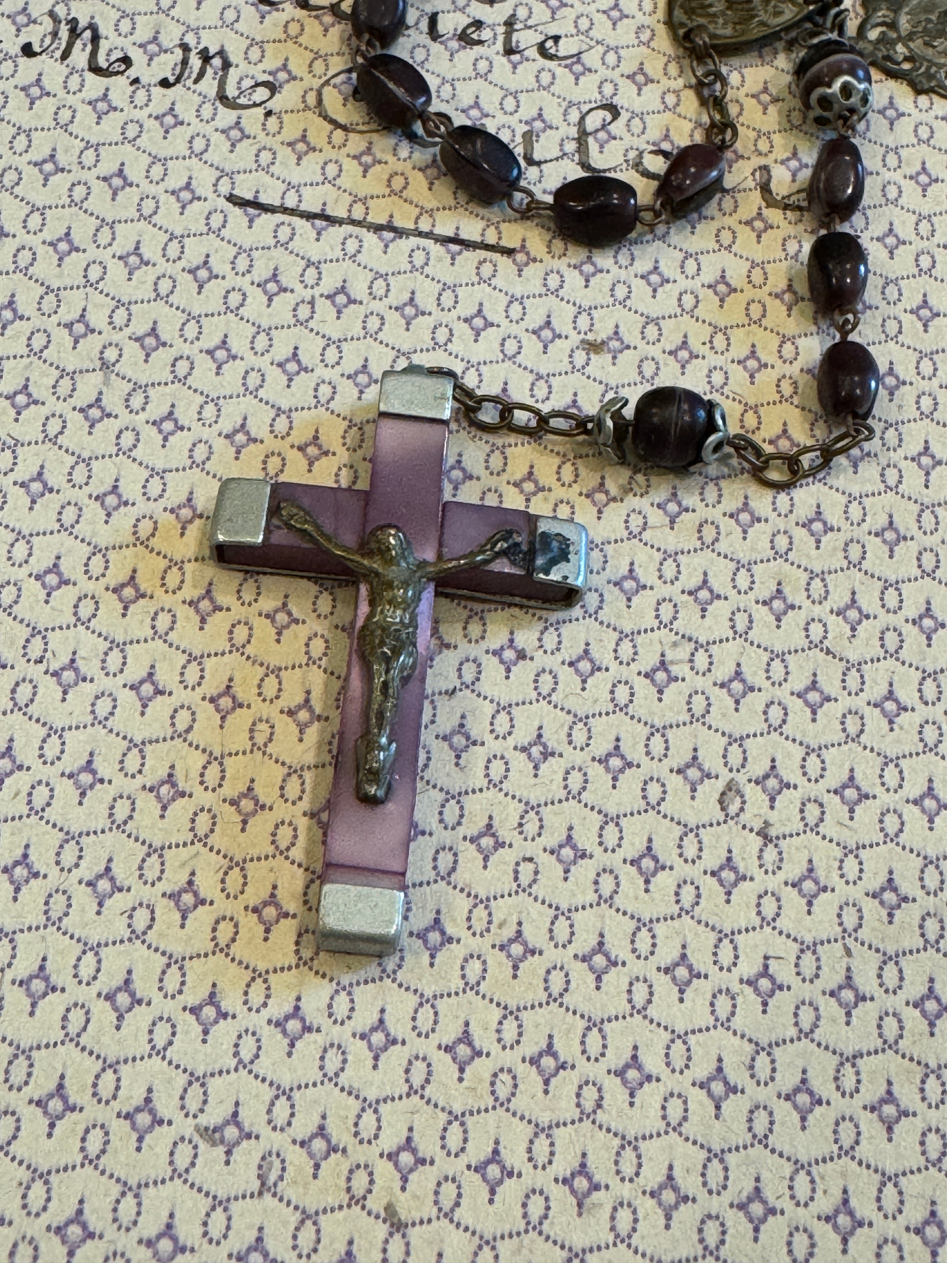 Antique French Purple Rosary Piece with Small Medals