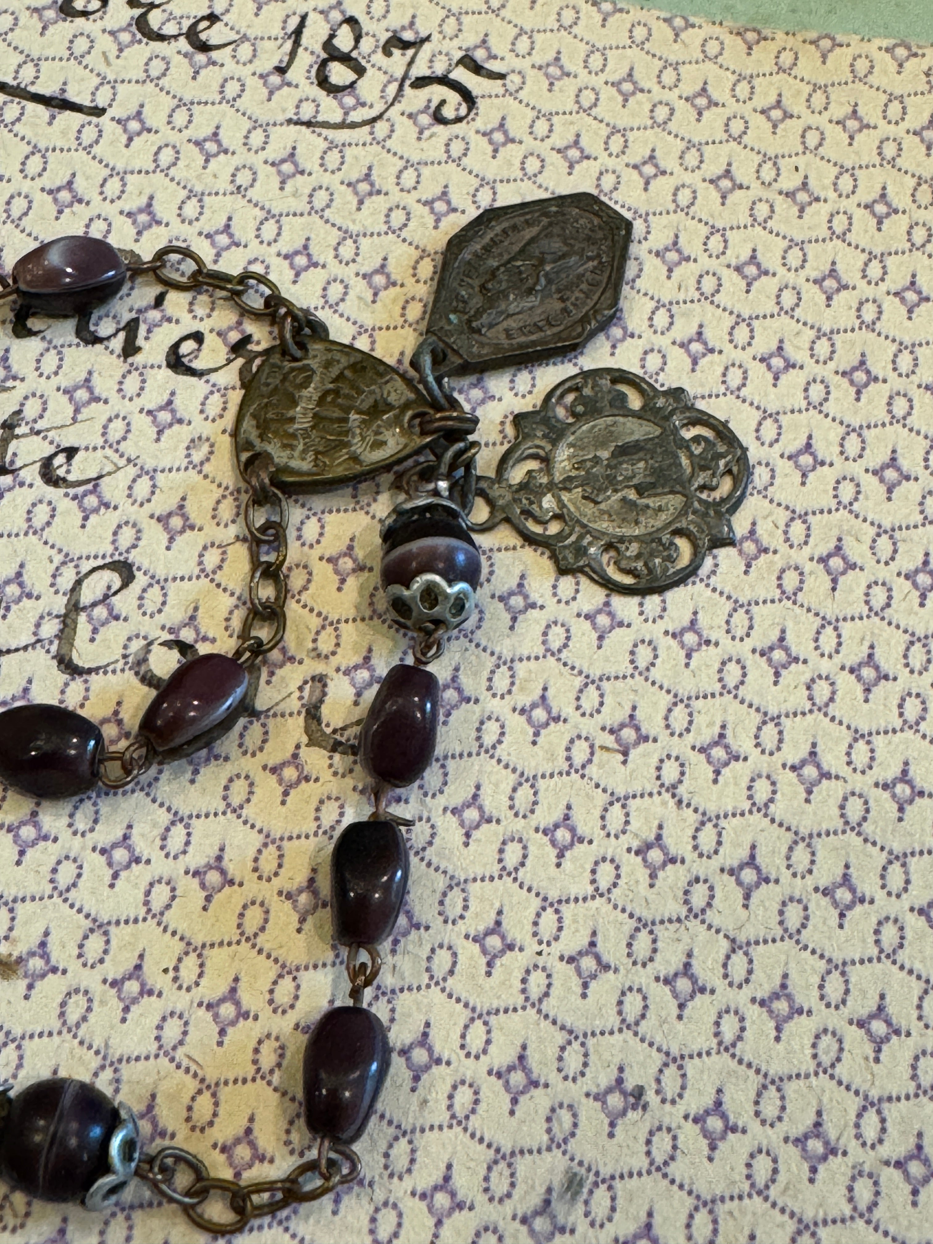 Antique French Purple Rosary Piece with Small Medals