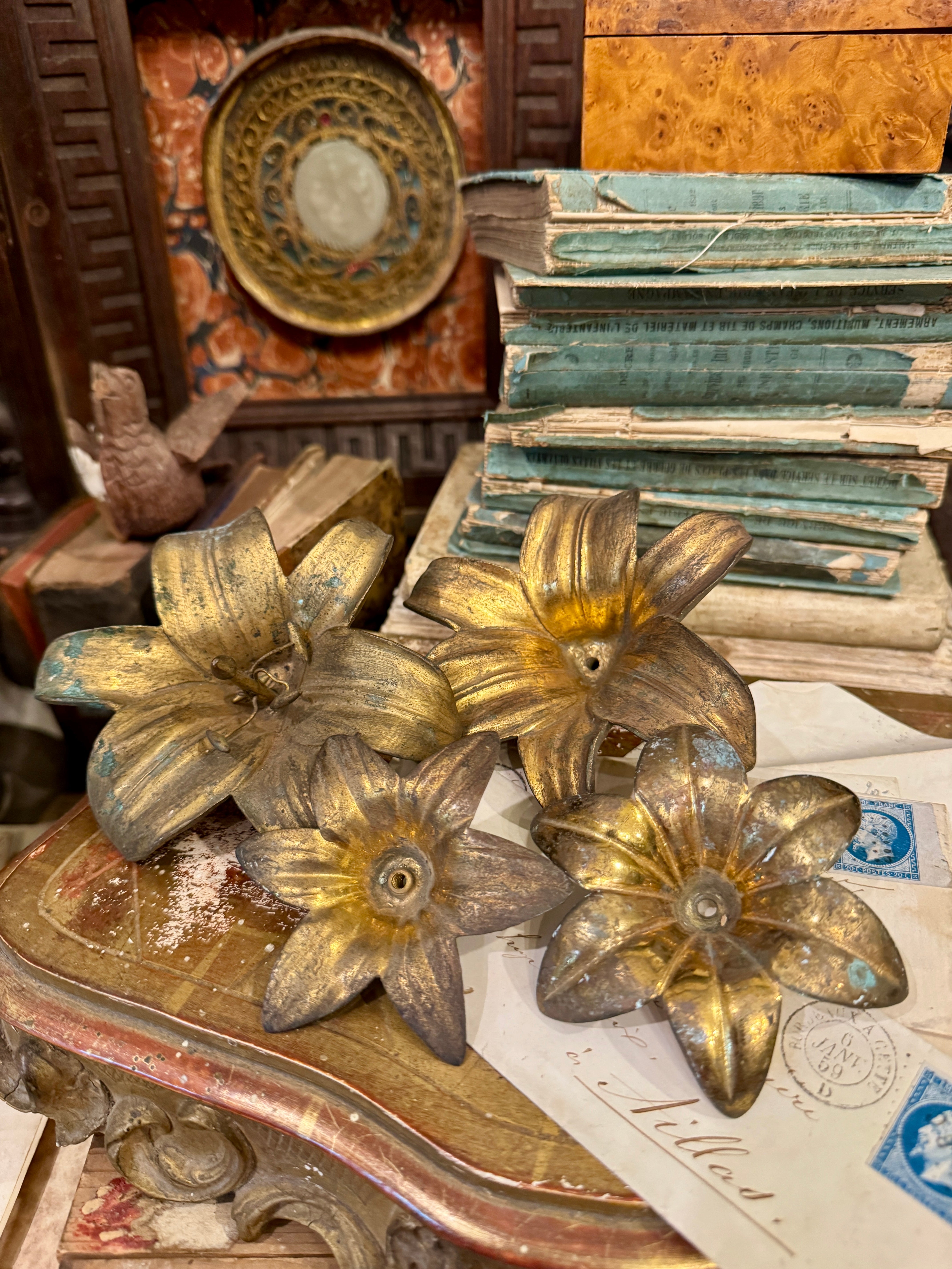 Antique 1800s French Ormolu Flowers - Set/4