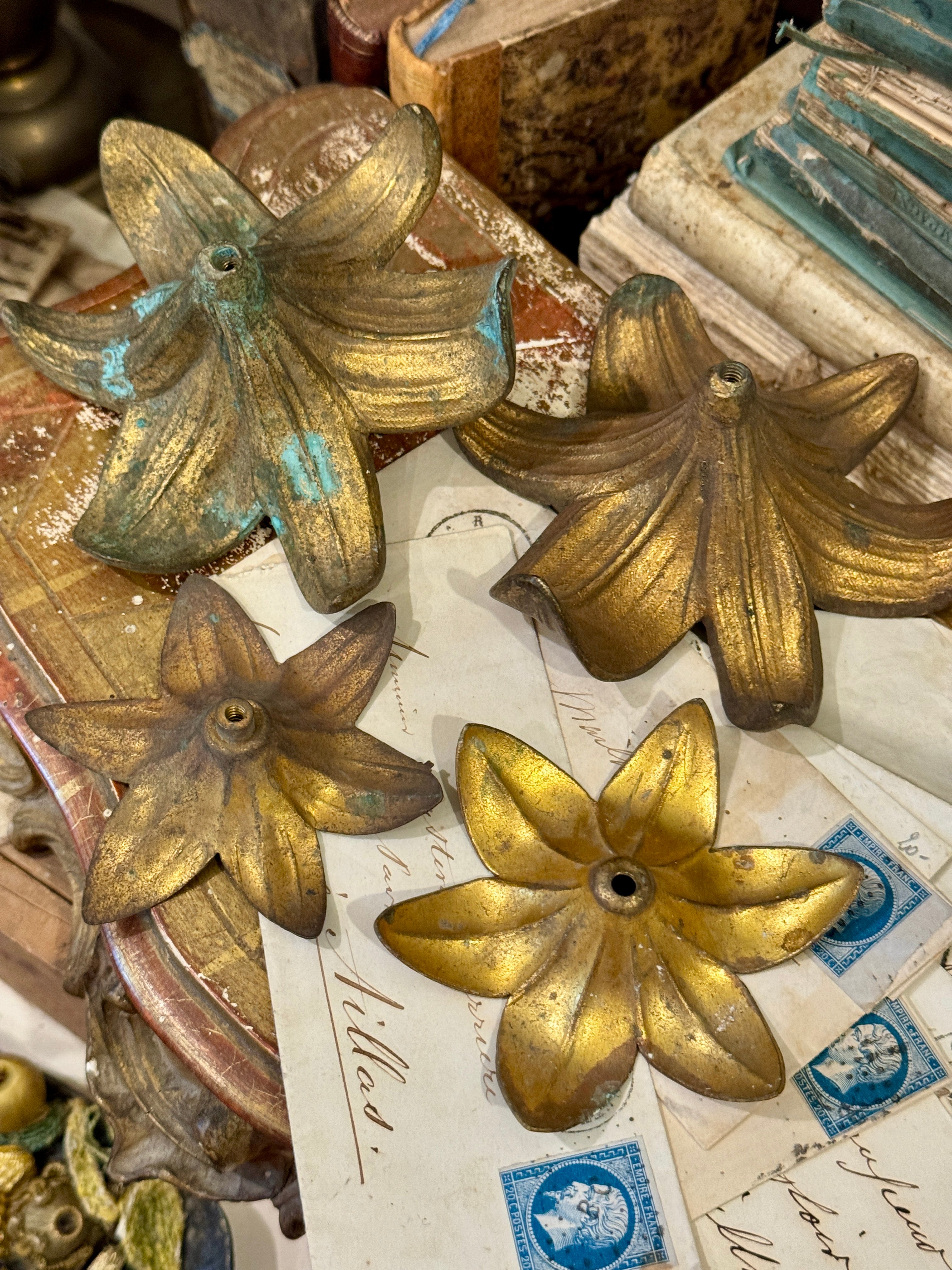 Antique 1800s French Ormolu Flowers - Set/4