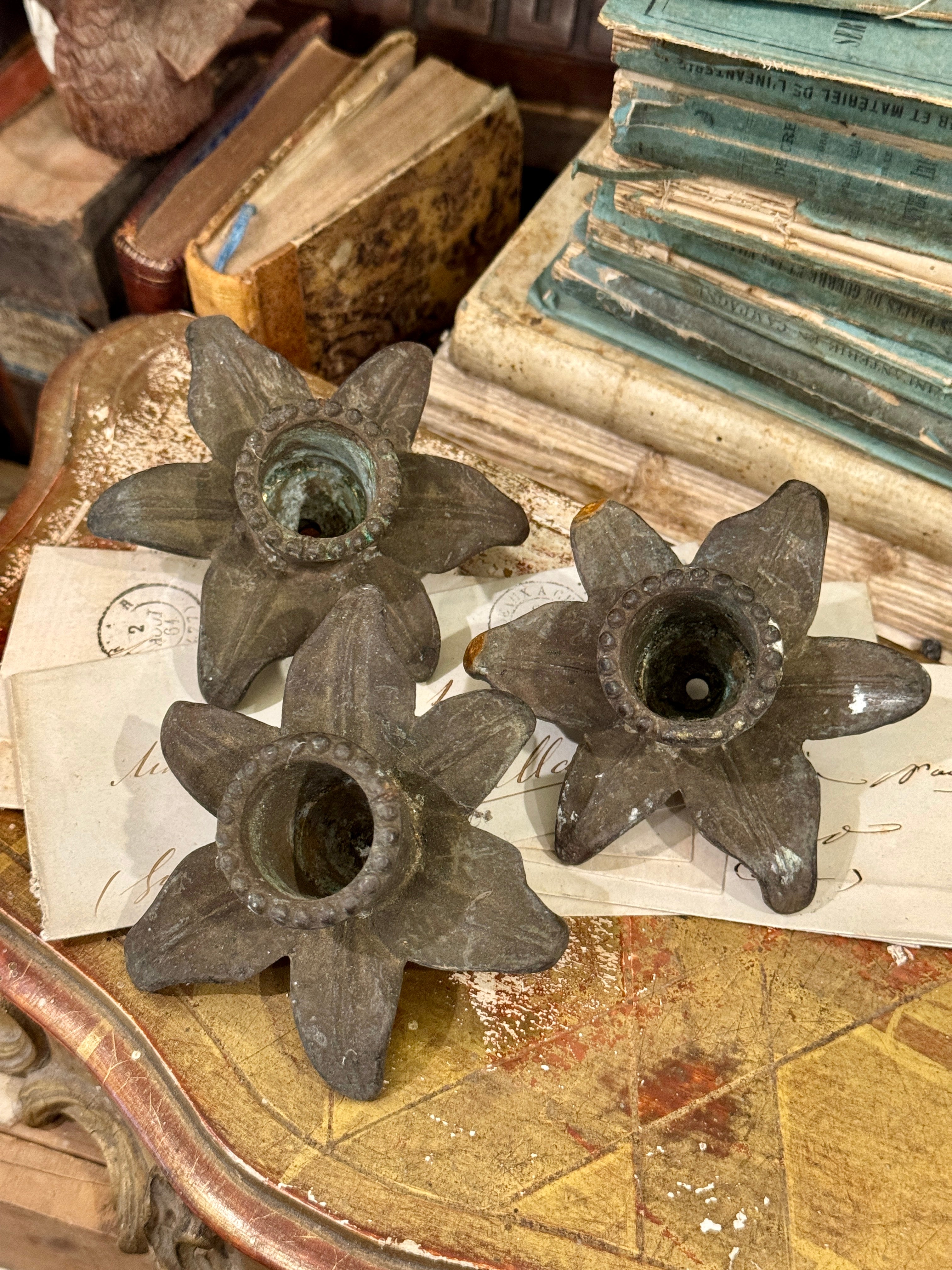 Antique 1800s French Ormolu Daffodil Flower Candle Holders - Set/3