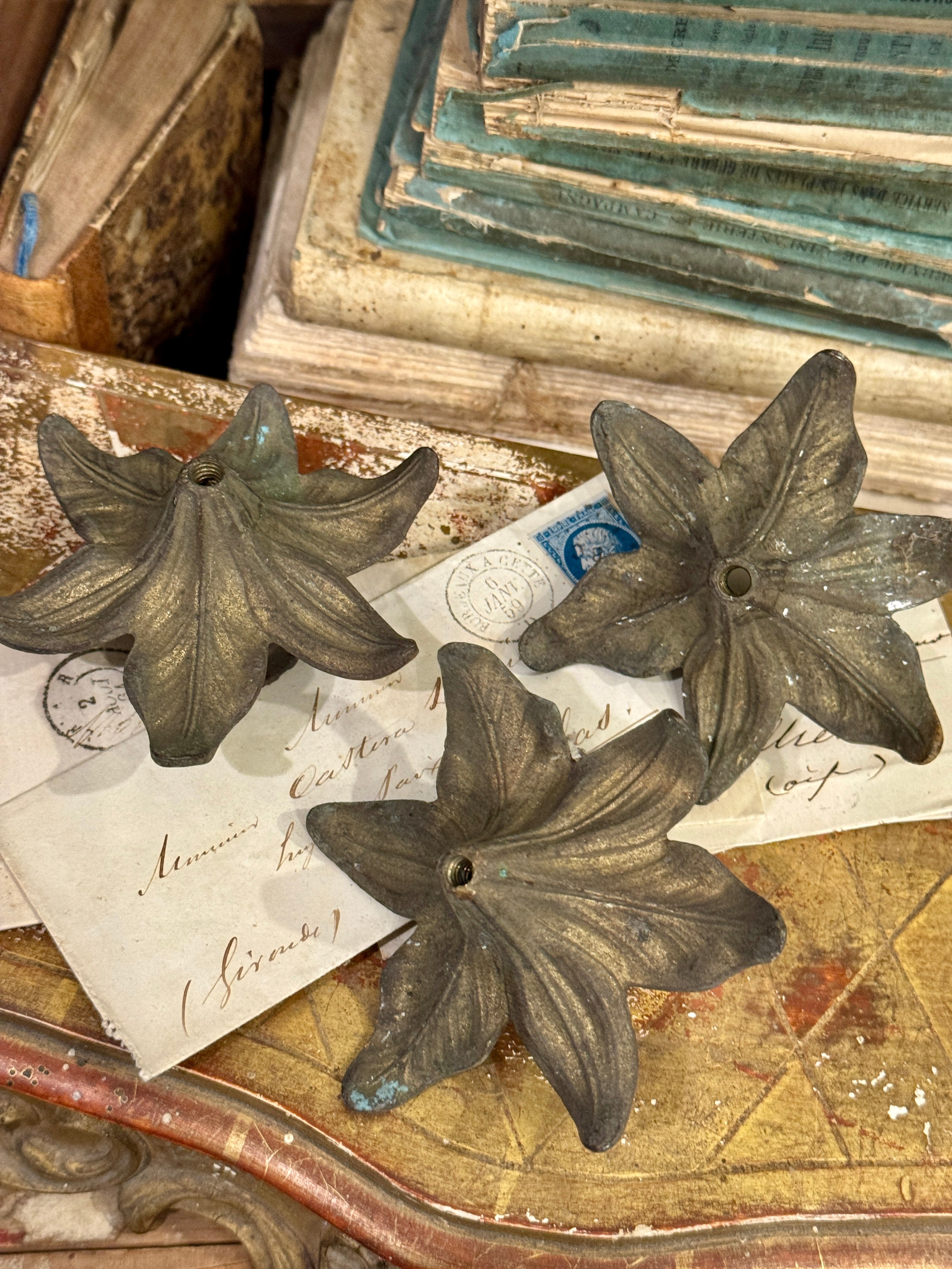 Antique 1800s French Ormolu Daffodil Flower Candle Holders - Set/3