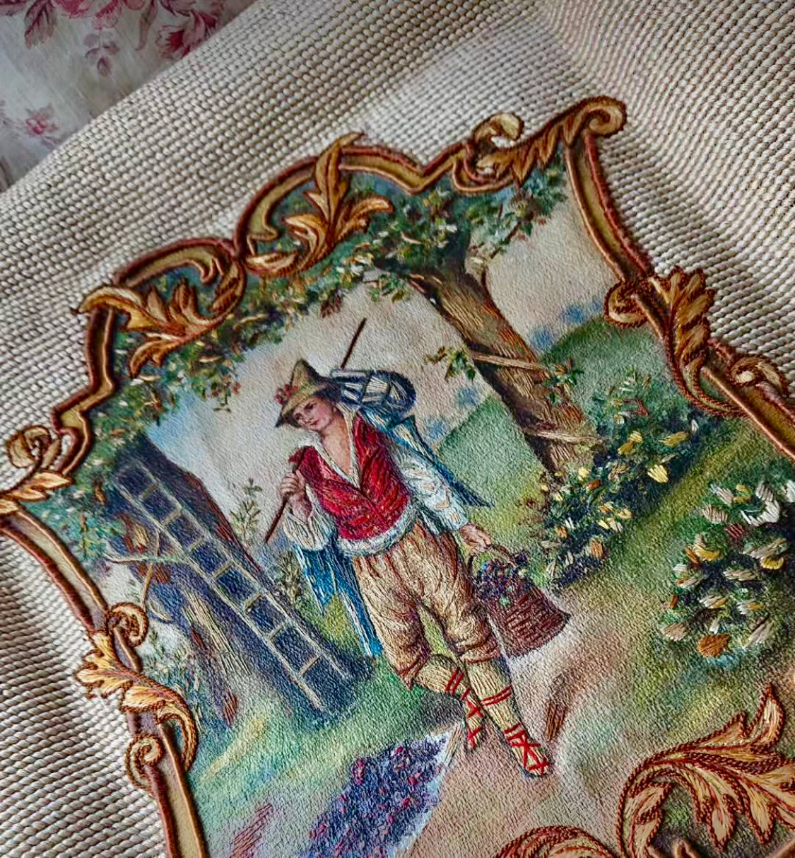 Antique French Early 19th-Century Embroidered Panel