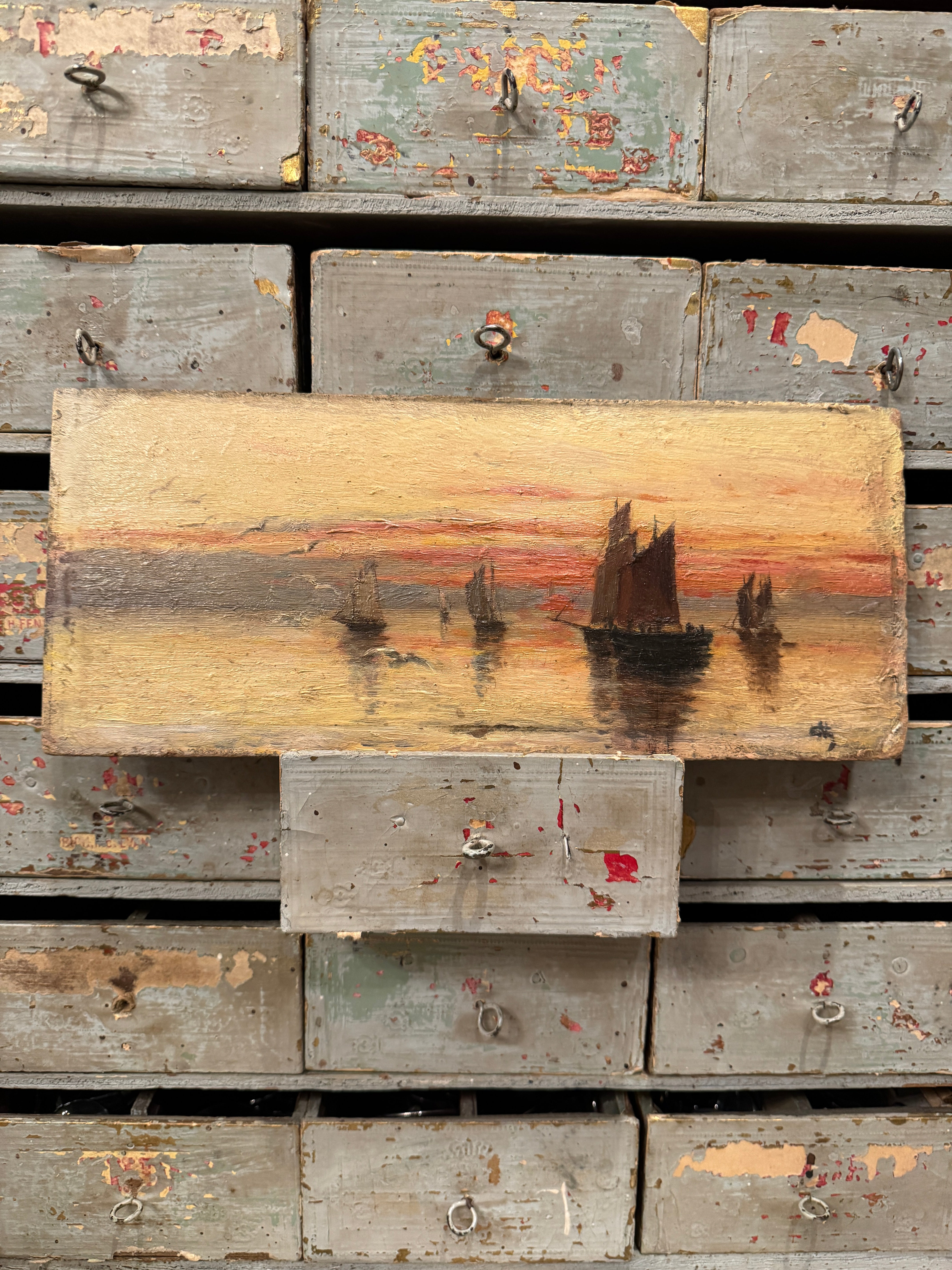 Original Antique French Nautical Sunset Oil Painting