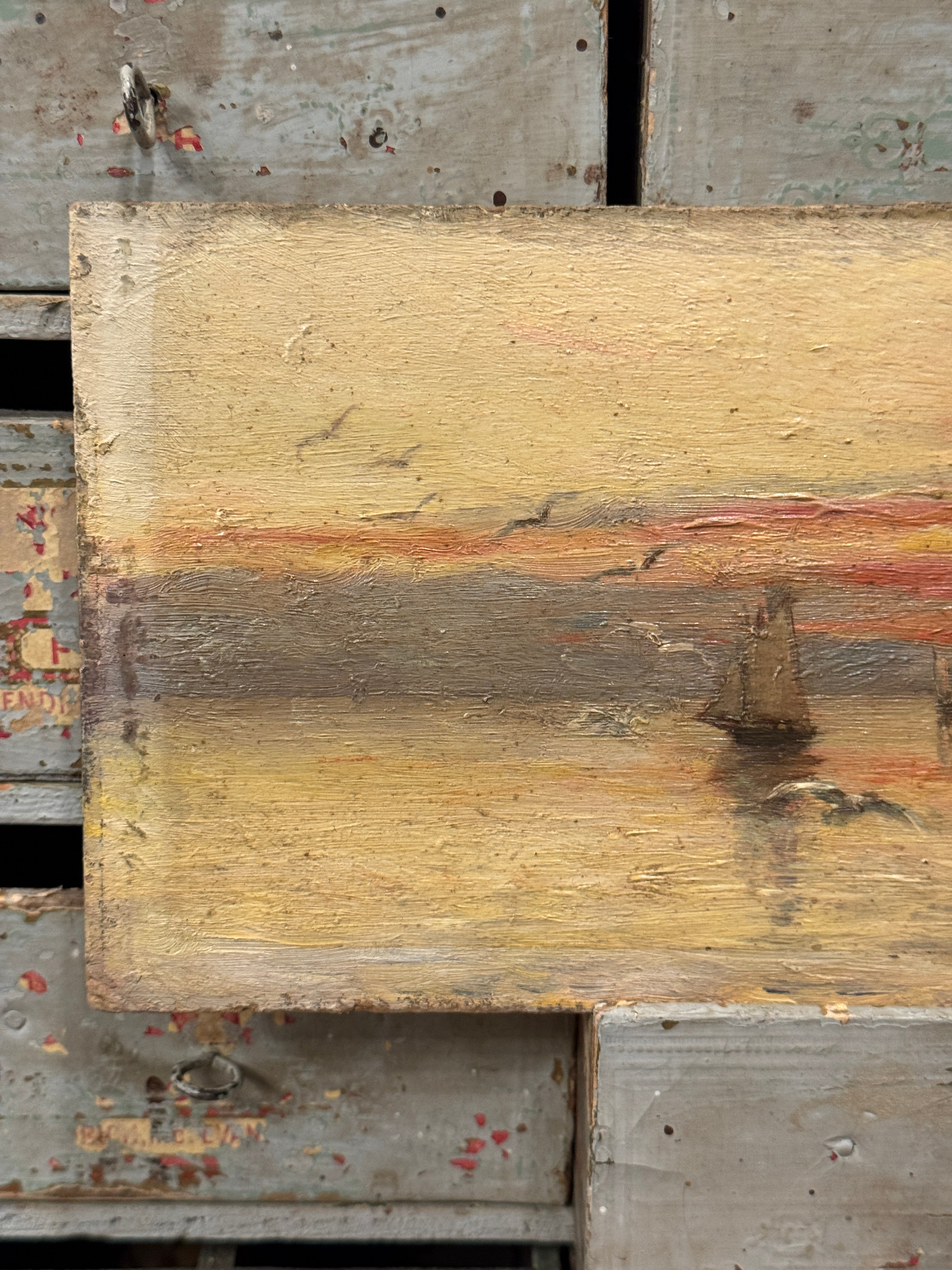 Original Antique French Nautical Sunset Oil Painting