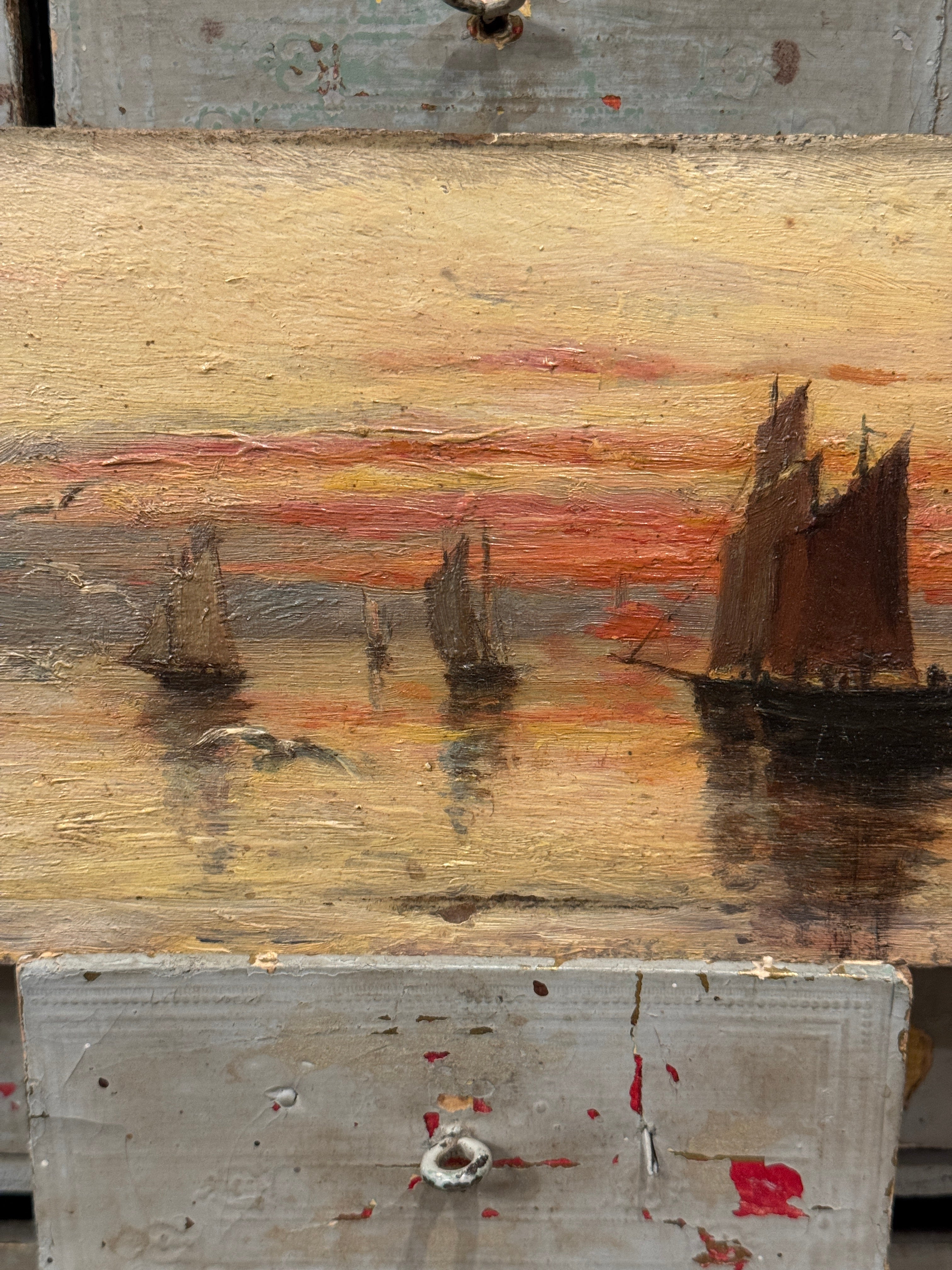 Original Antique French Nautical Sunset Oil Painting