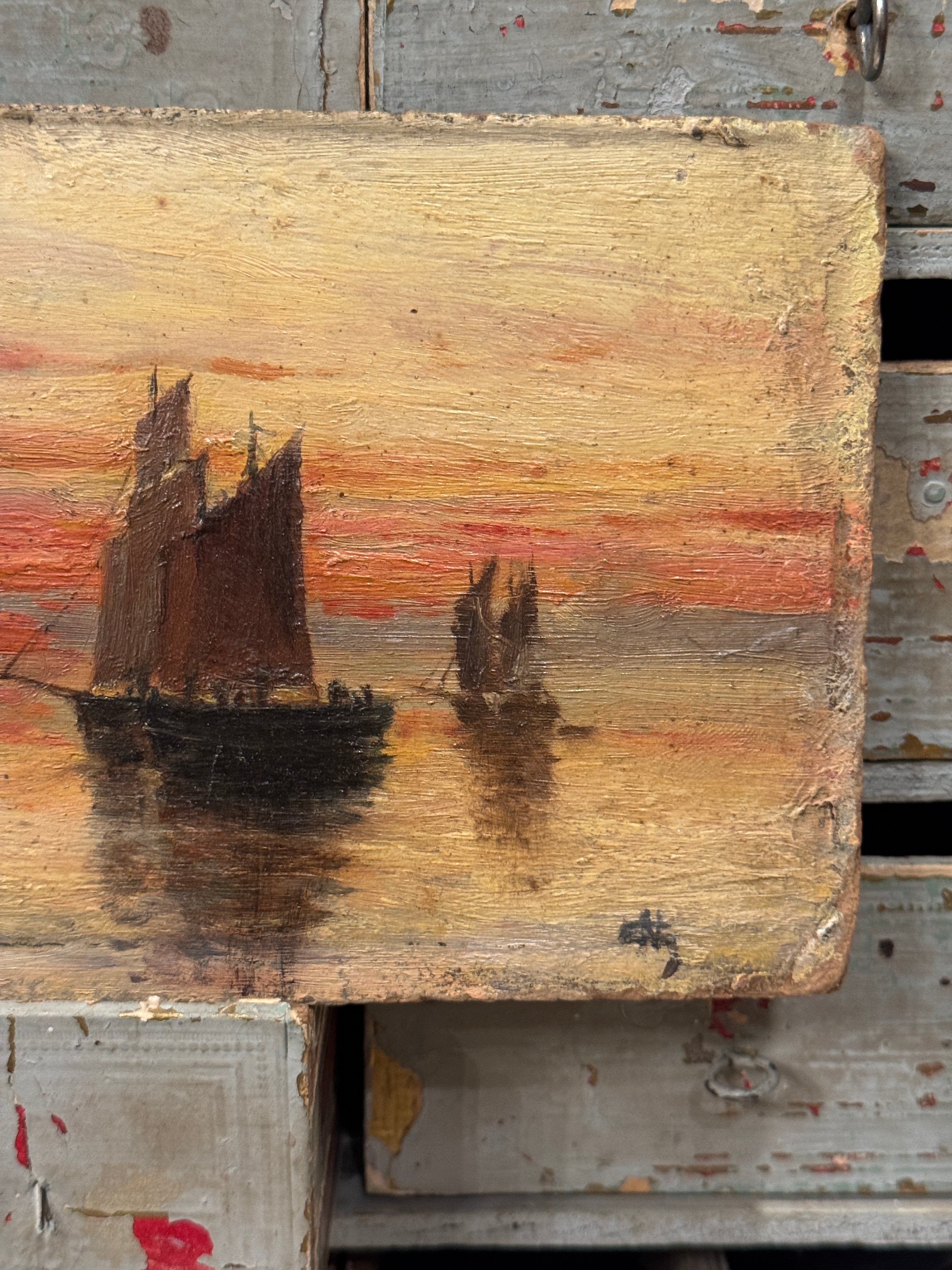 Original Antique French Nautical Sunset Oil Painting