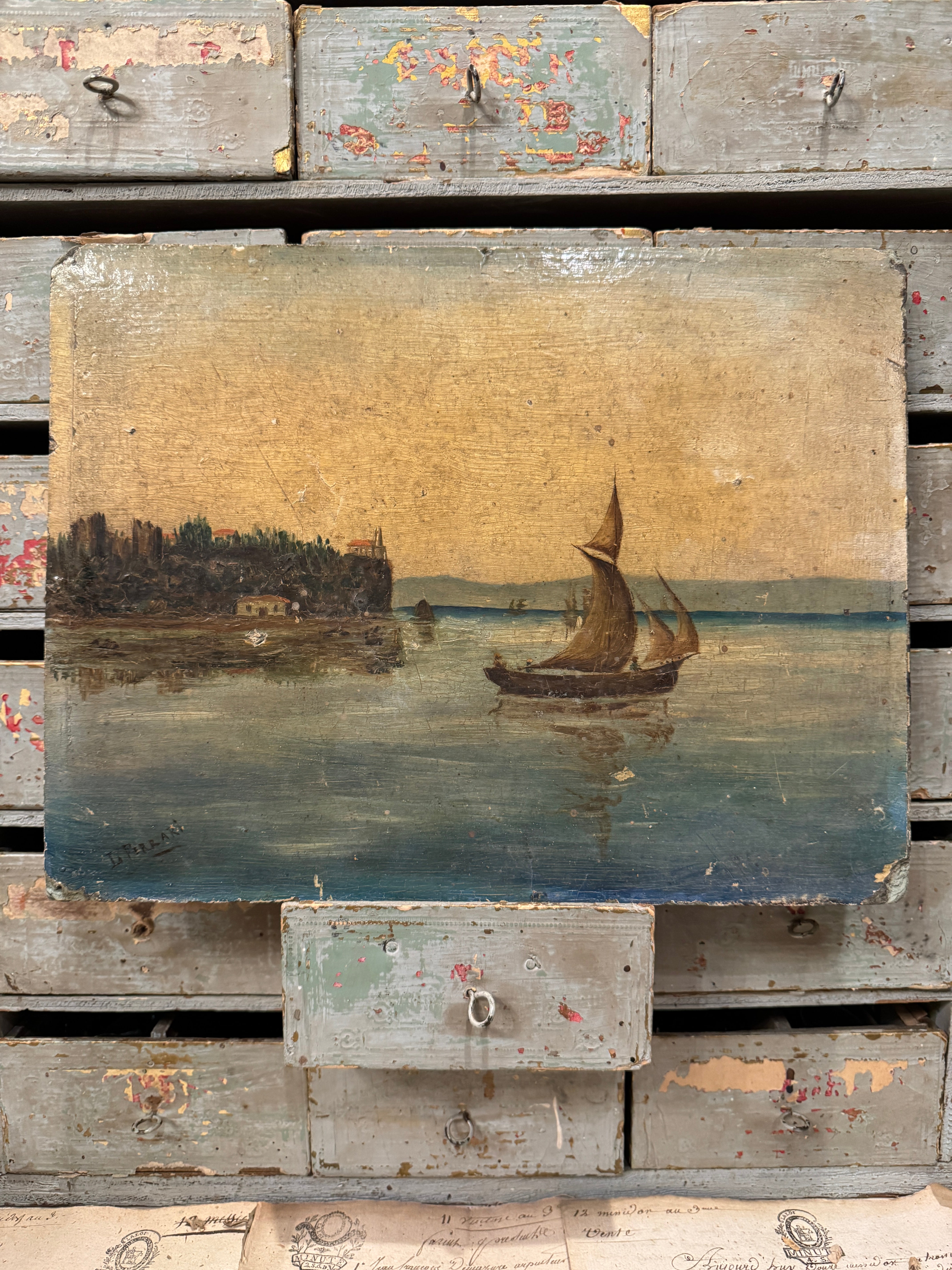 Original Antique French Sailing Oil Painting