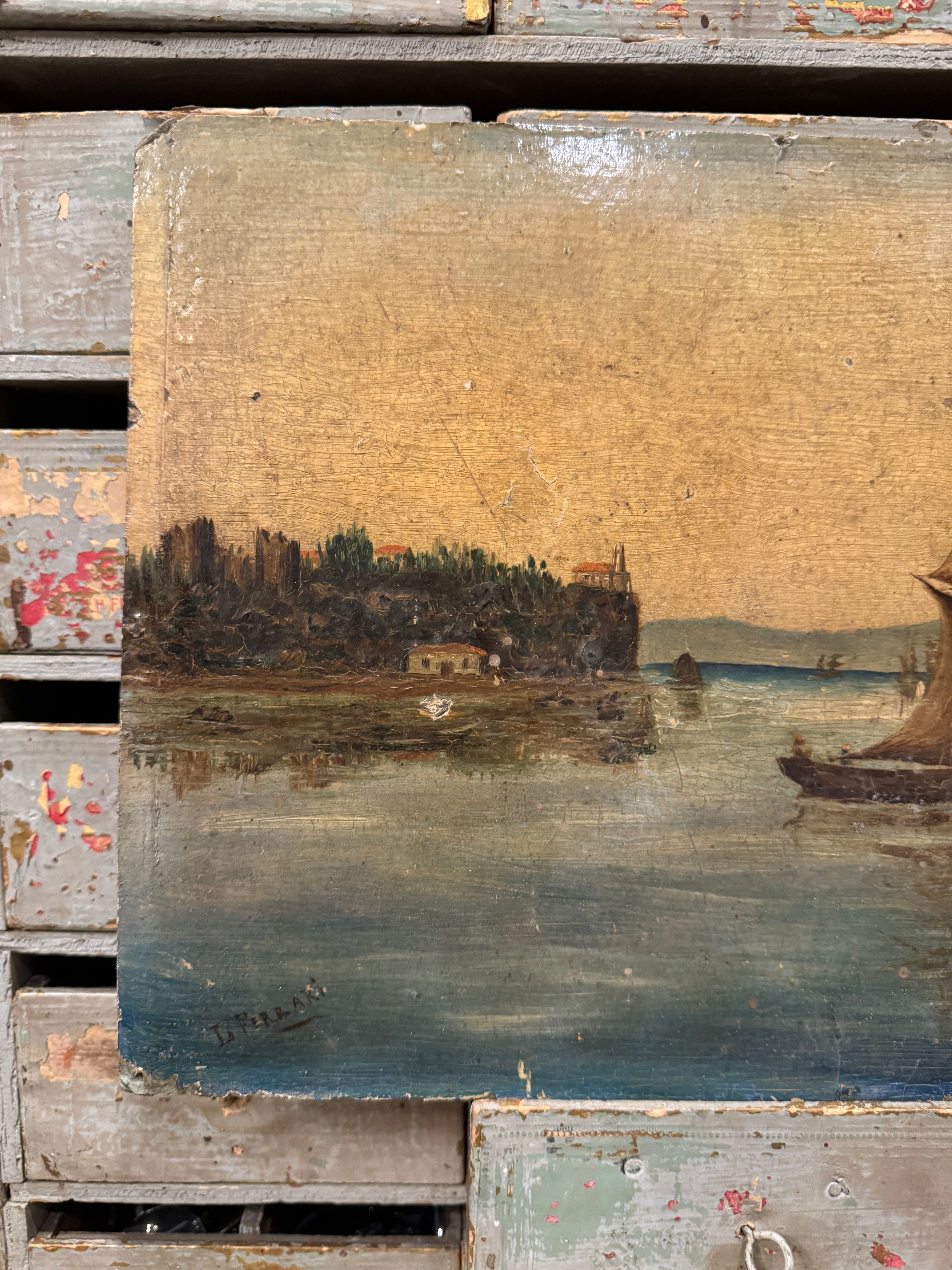 Original Antique French Sailing Oil Painting