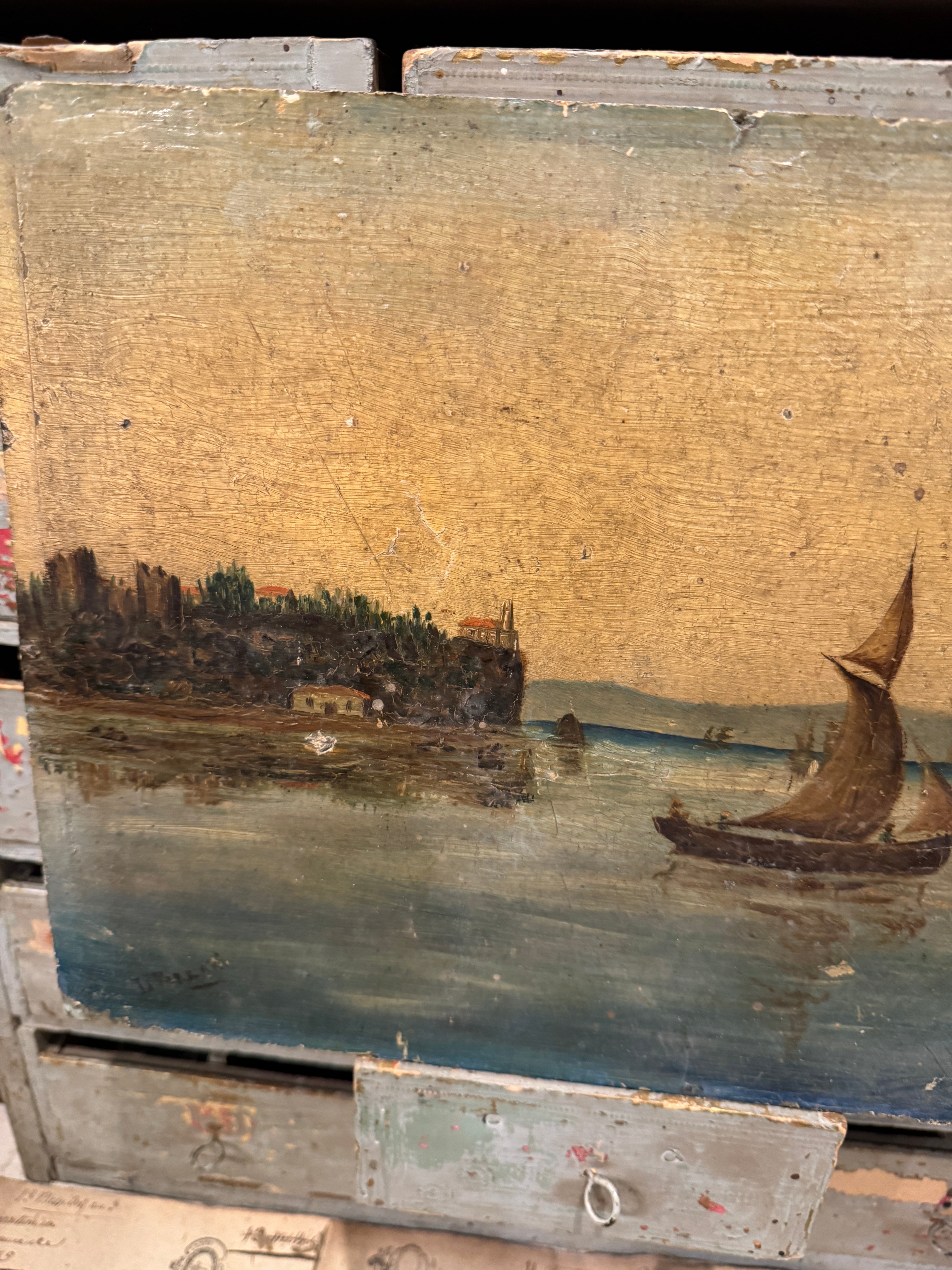 Original Antique French Sailing Oil Painting