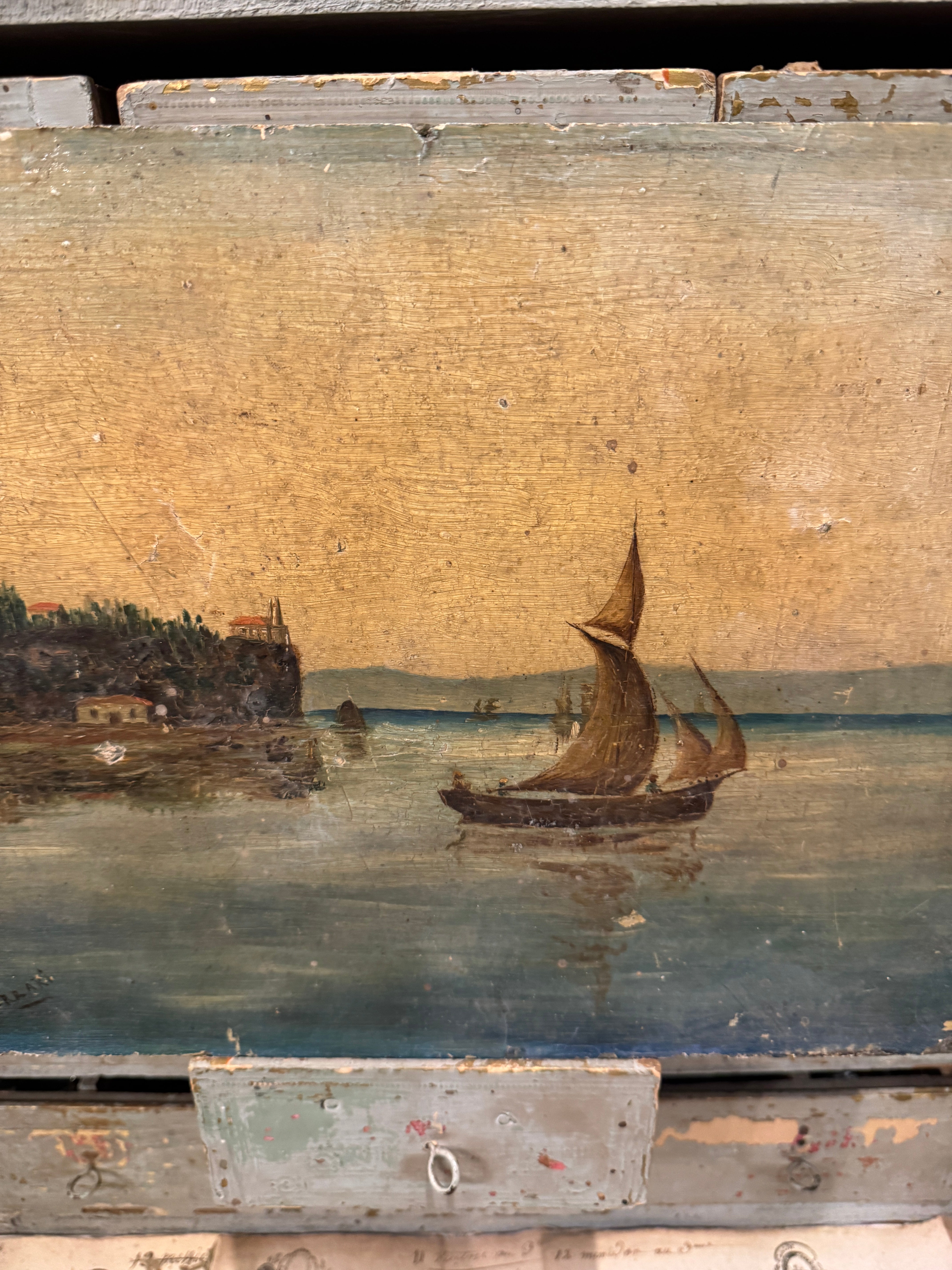 Original Antique French Sailing Oil Painting