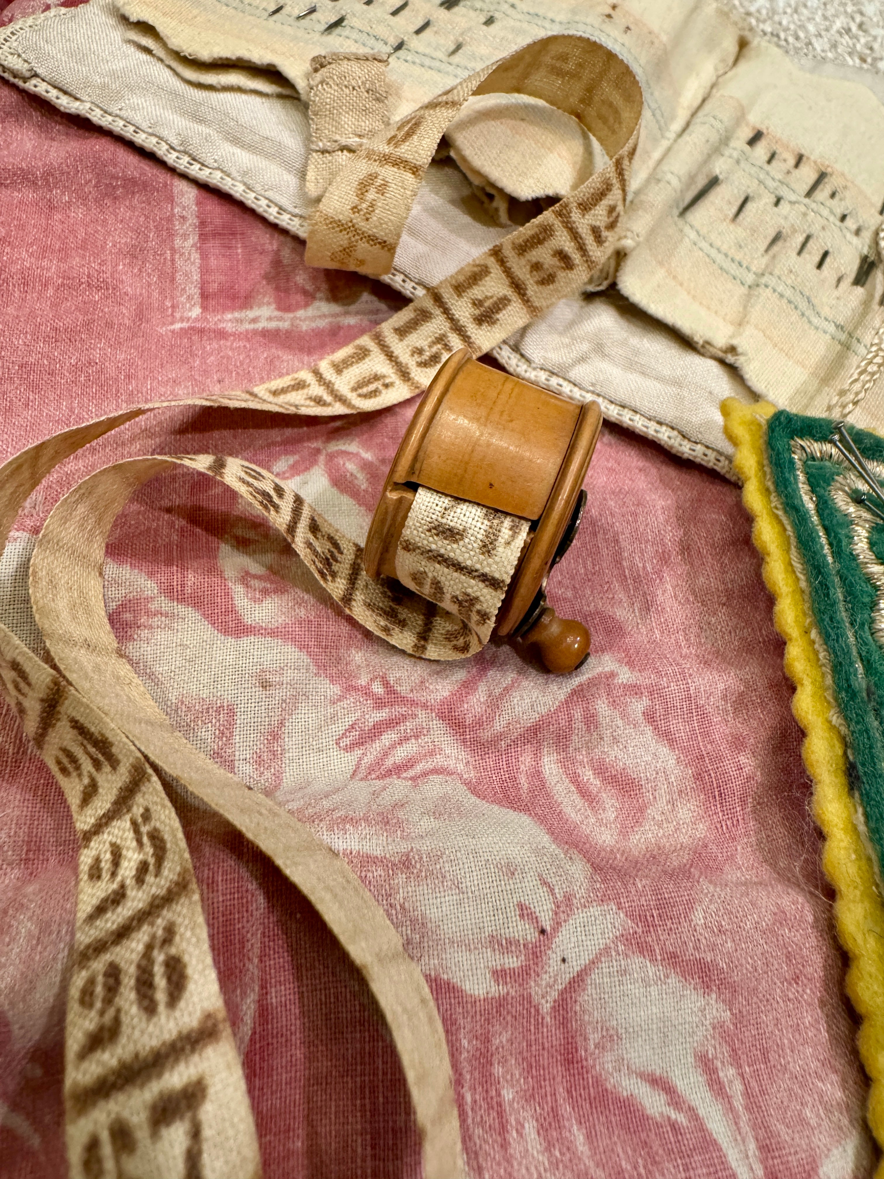 Antique French Wind Up Treen Pocket Tape Measure