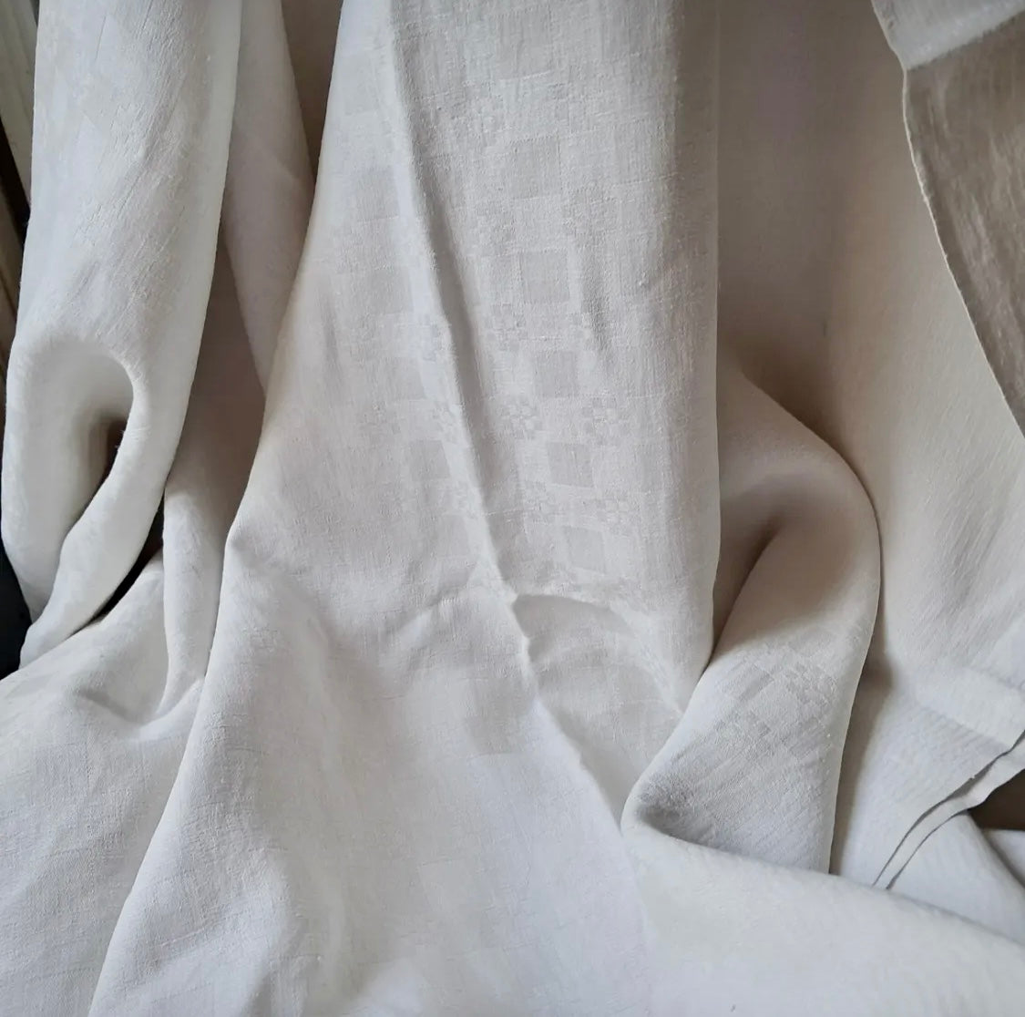 Antique 1800s French Damask Linen Tablecloth