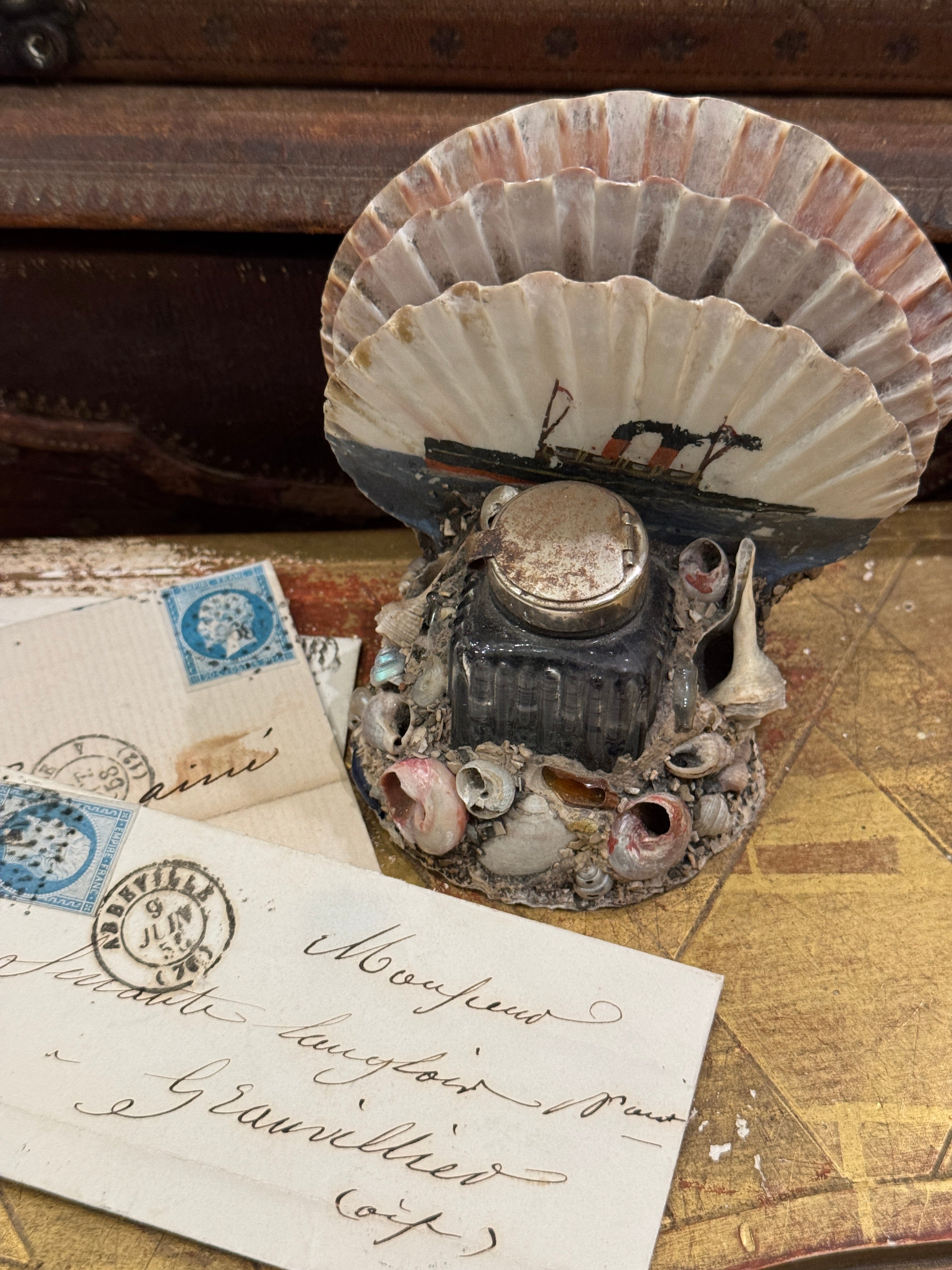 Antique French Seashell Inkwell Art