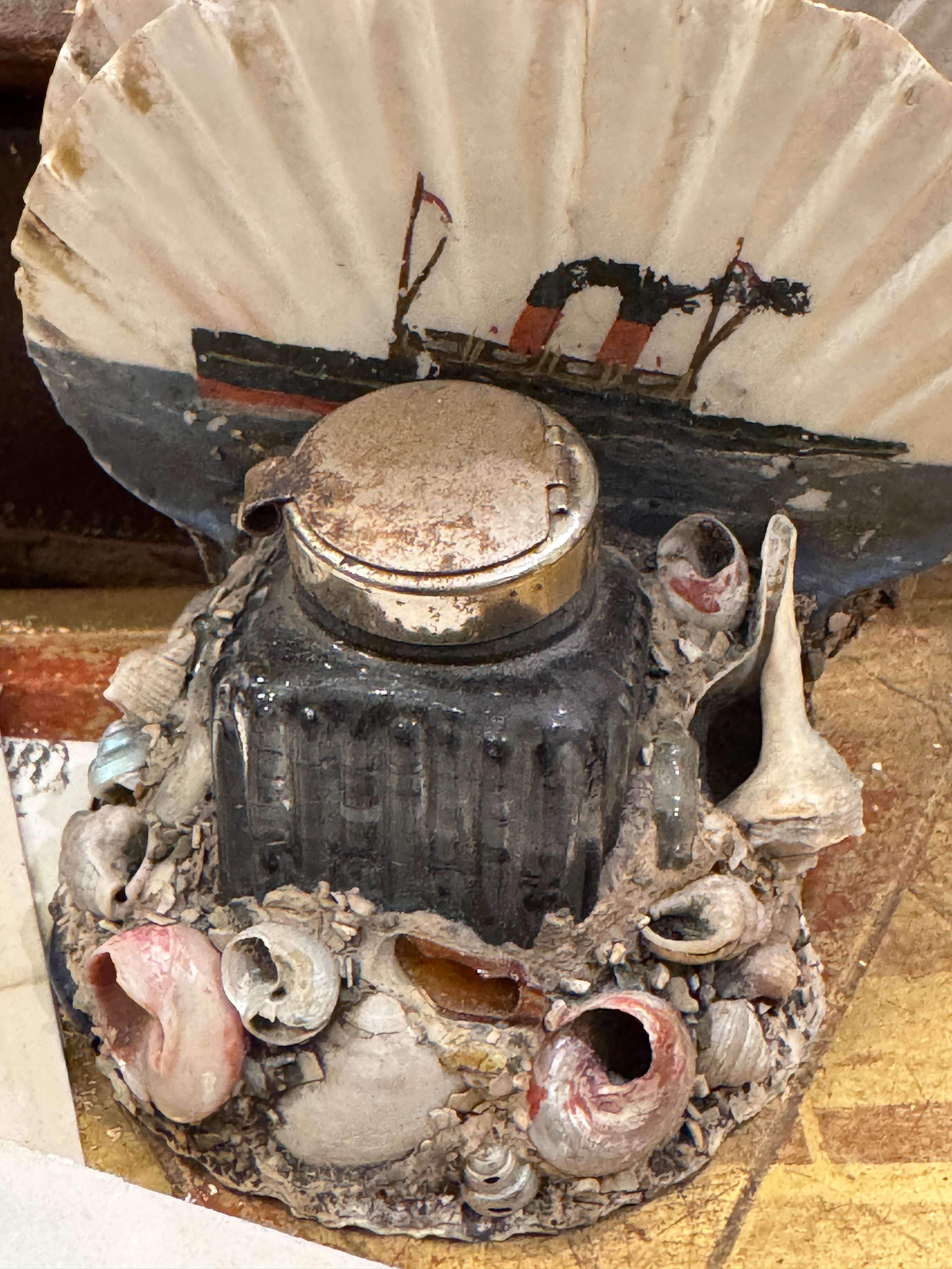 Antique French Seashell Inkwell Art