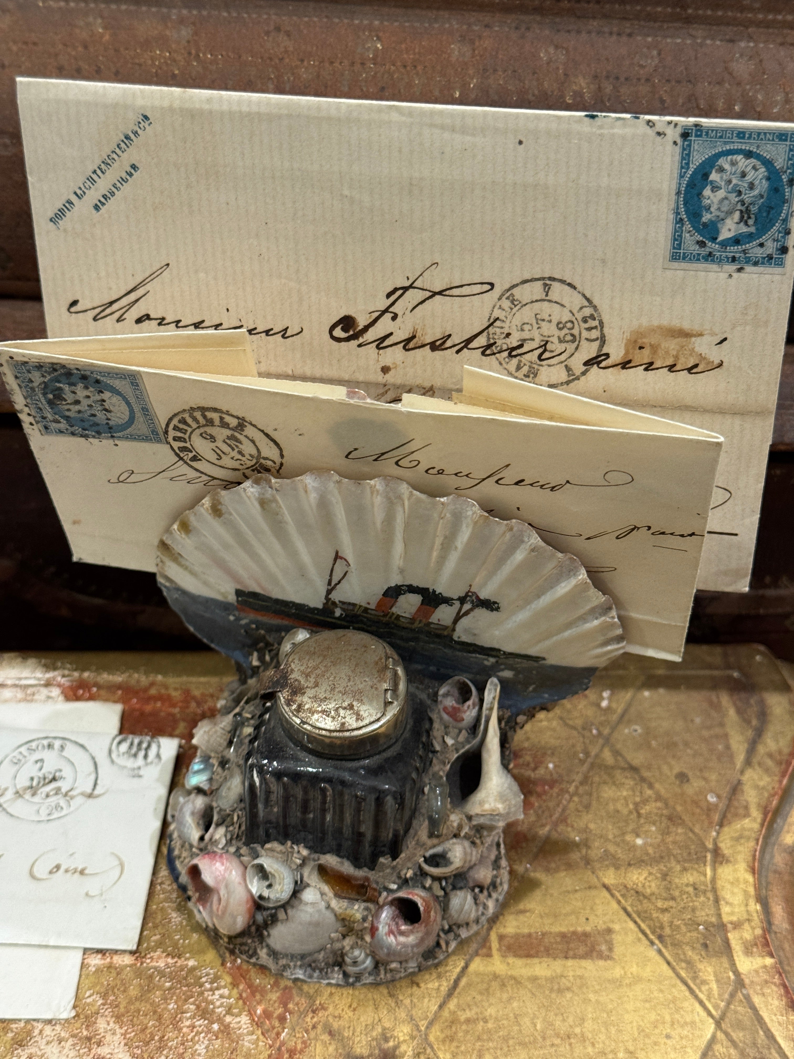 Antique French Seashell Inkwell Art